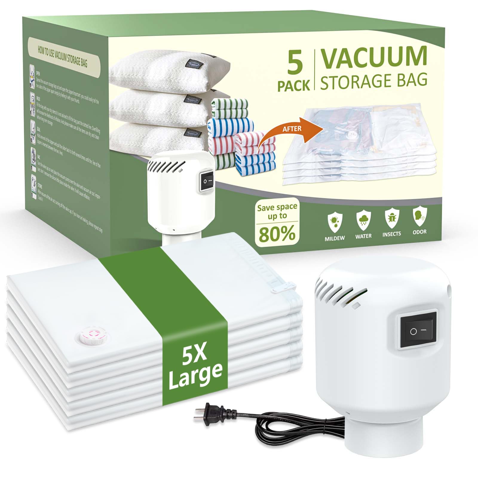 ZXA Vacuum Storage Bags with Electric Air Pump, 5 Pack Large 32''x 24'' Vacuum Seal Bags for Clothing, Space Saver Vacuum Storage Bags for Blanket, Duvets, Pillows, Comforters - White 1