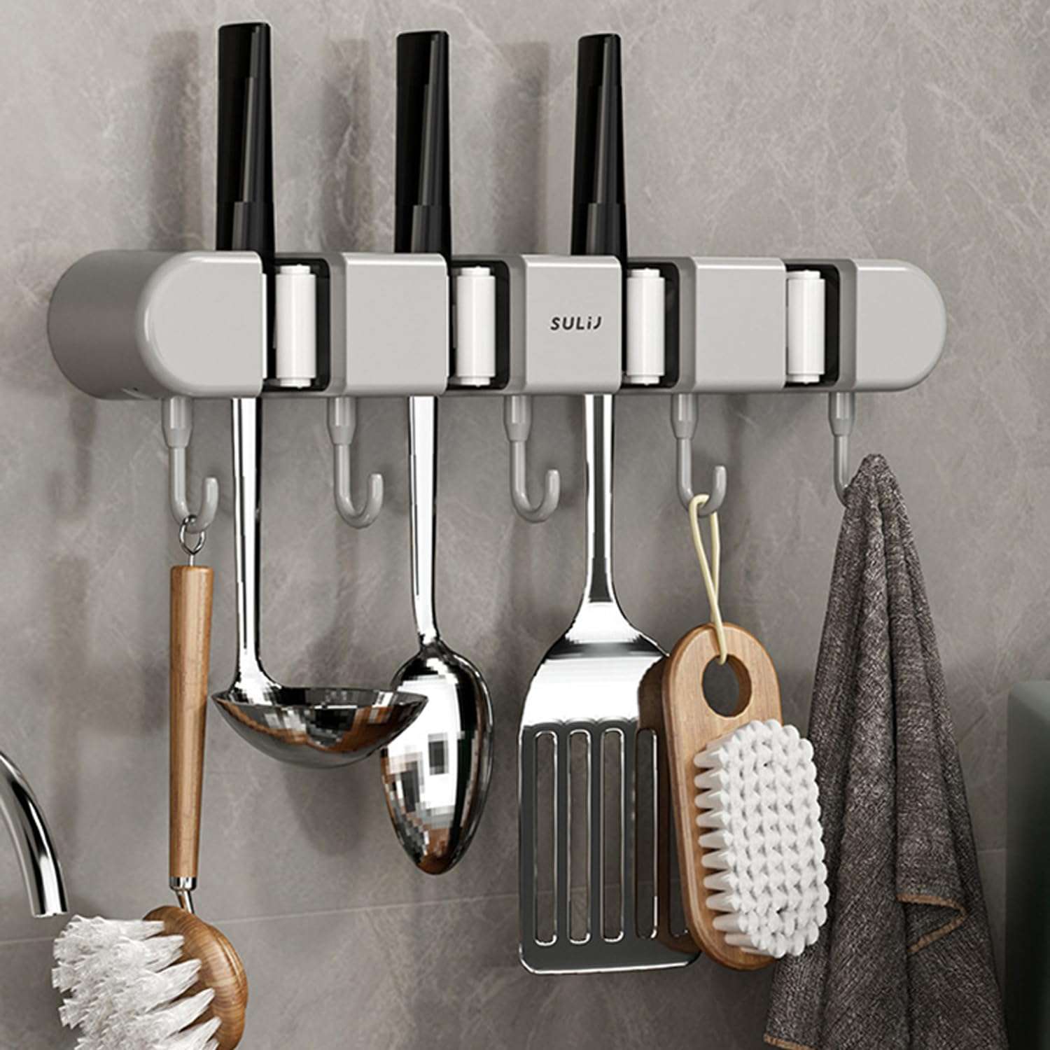 6PCS 4 Racks and 5 Hook Broom Mop Holder with Hooks Wall Mounted Broom Storage Rack No Drilling Self-Adhesive Mop Broom Organizer Mop Holder Hanger for Bathroom Office Kitchen Closet Garage,Gray 3