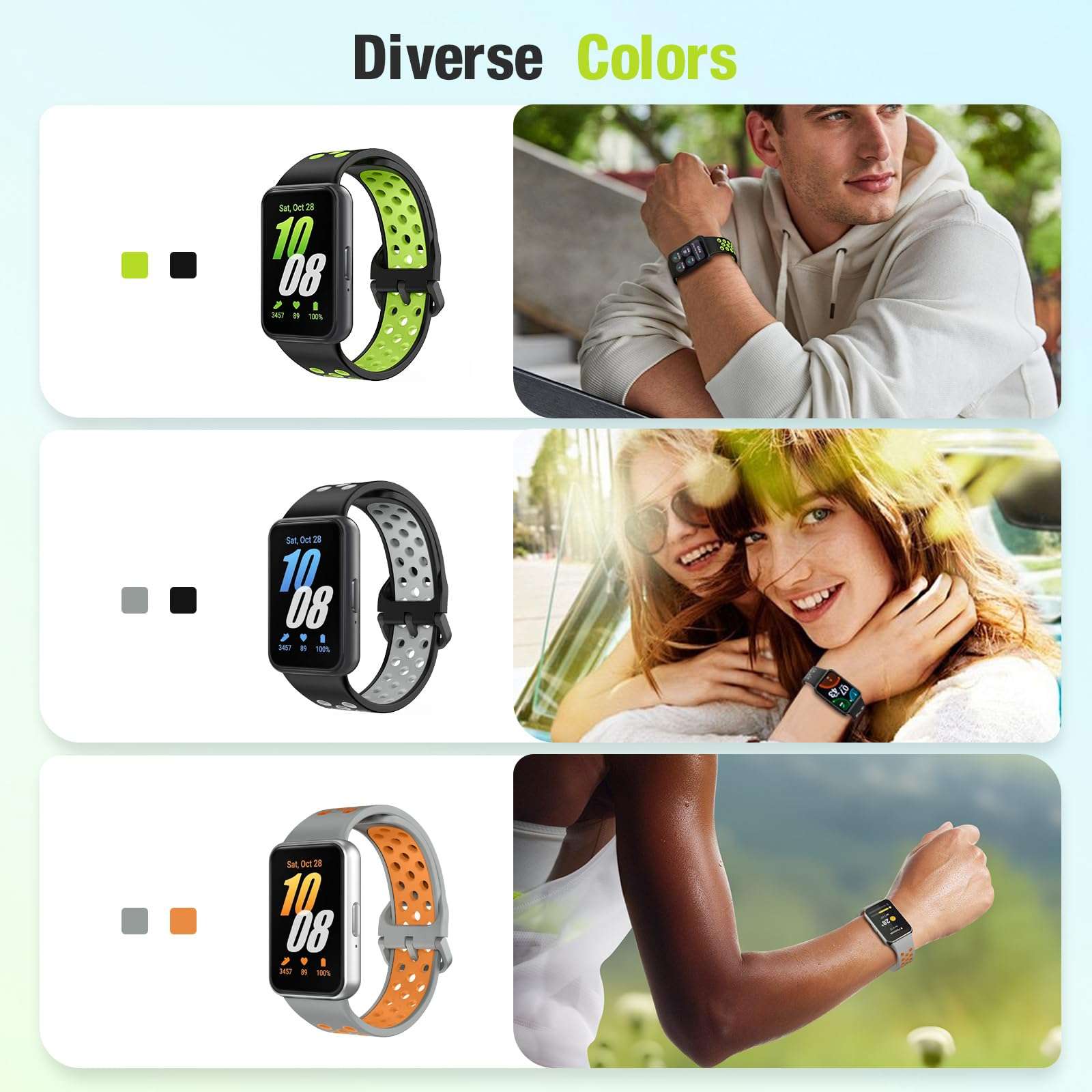 Sports Watch Band for Samsung Galaxy Fit 3, Two-color Perforated Breathable Replacement Wristband for Men and Women, Black Lime 6