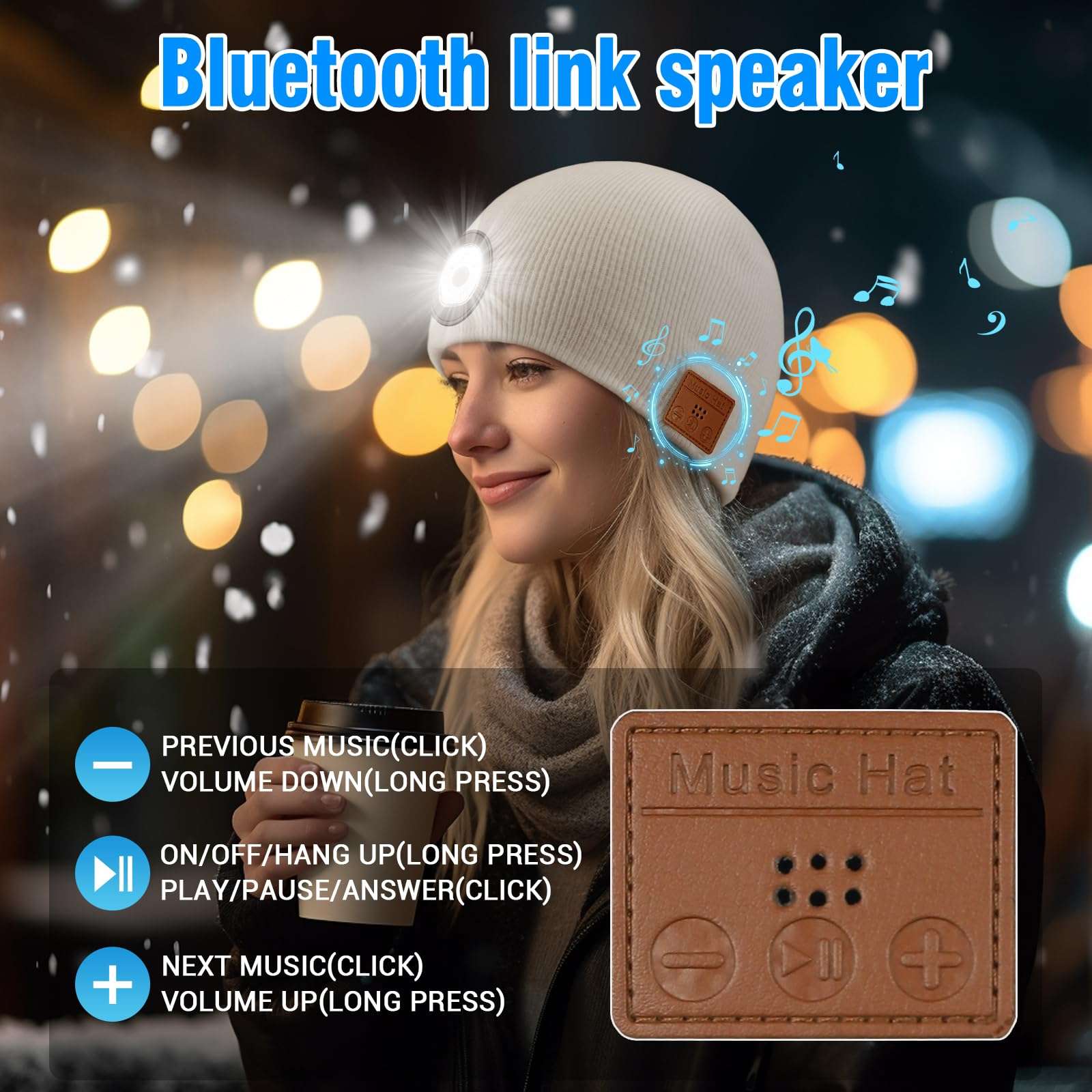 TOUCH TWO Bluetooth Beanie Hat with LED Light Wireless Musical Knitted Cap with Headphone Stereo Speakers & Mic for Running Hiking Jogging White 4