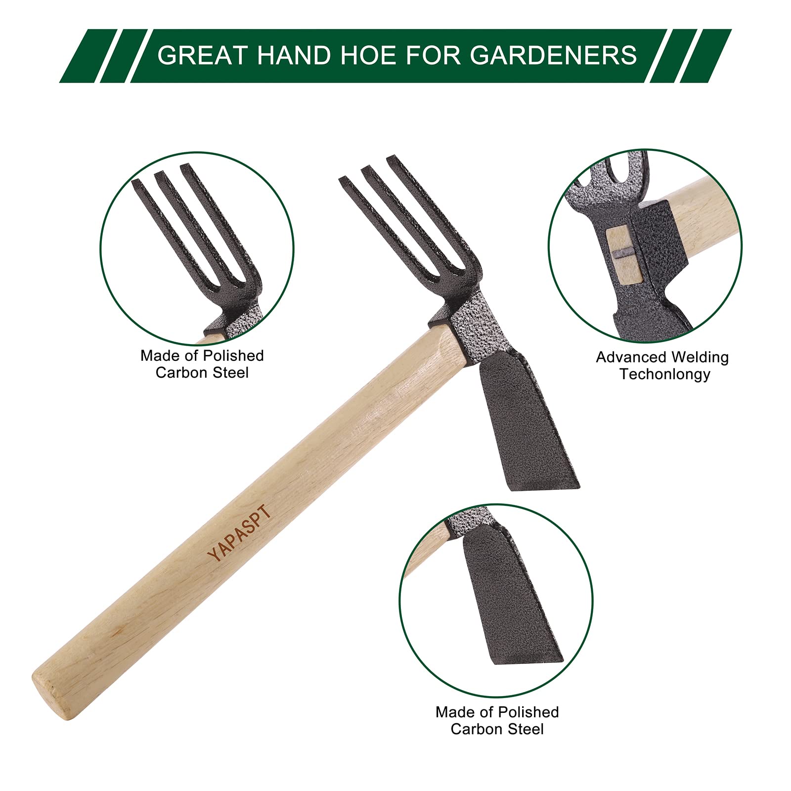 VILIVIT Garden Hoes Dual Headed Weeding Tool - Carbon Steel Hoe/Cultivator 3 Prongs Combo Garden Tools with Wood Handle 6