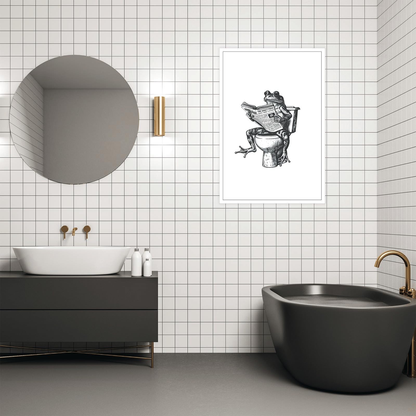 Generic Funny Frog Wall Art - Retro Frog on Toilet Reading Newspaper - Canvas Art Print - Black and White - 8x12 Inch - Unframed - Bathroom Decor 4