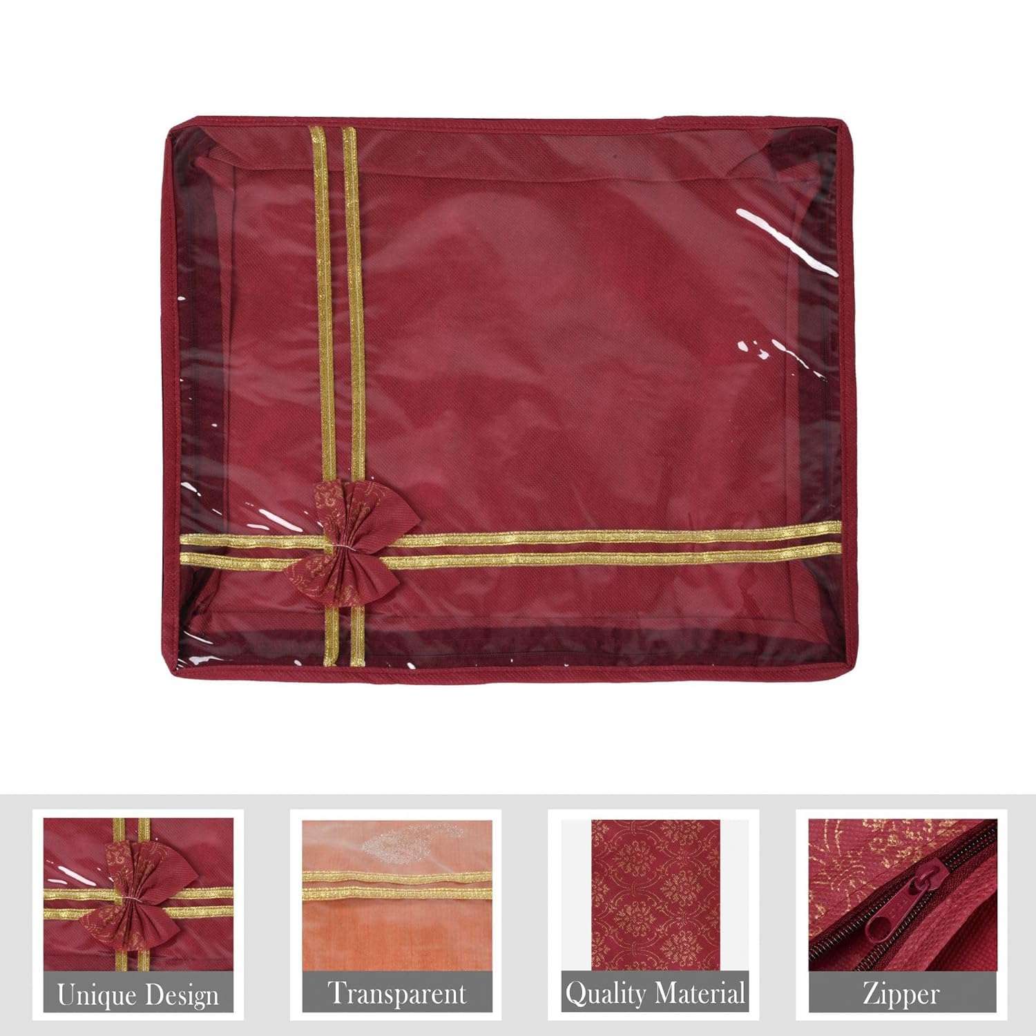 Kuber Industries polyester Pack of 6 Saree Cover|Cloth Packing Bags with Zip|Dress Pouches for Storage|Suit Bags for Women|Saree Organizer for Wardrobe|Bow Golden Printed|3 Inch|Maroon 5