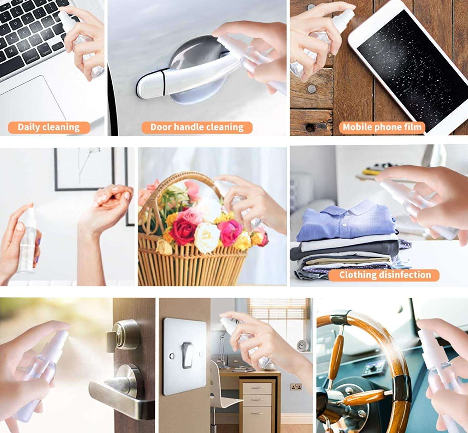 Spray Bottles | Refillable Plastic Spray Empty Bottle (250 ML) | Mist Spray Bottle | For Home Office Car Travel Cleaning (Transparent, Pack of 2 with pouch) 4