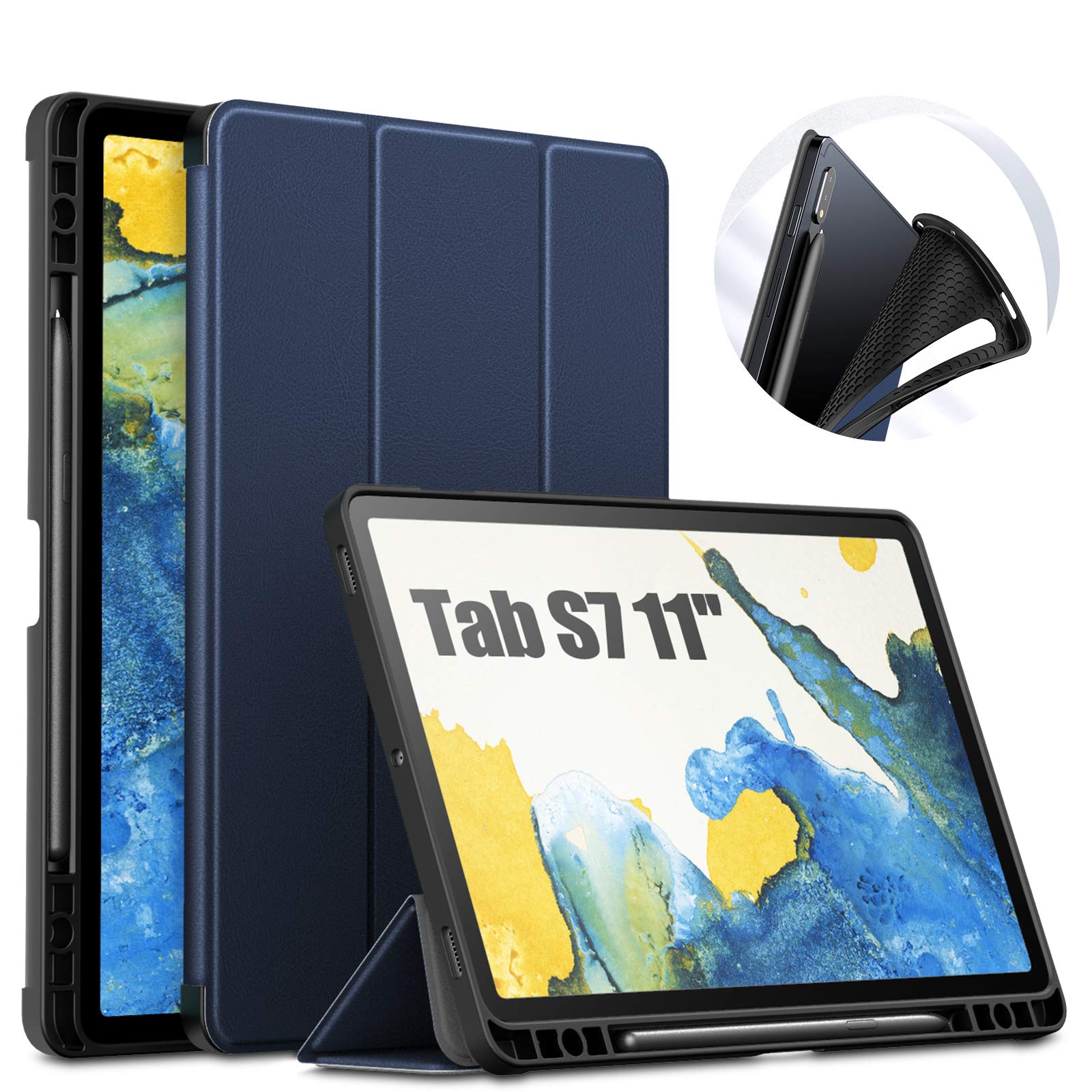 INFILAND Galaxy Tab S7 Case with S Pen Holder, Slim Tri-Fold Case Cover Compatible with Samsung Galaxy Tab S7 11-inch SM-T870/T875/T876 2020 Release Tablet [Auto Wake/Sleep], Navy 1