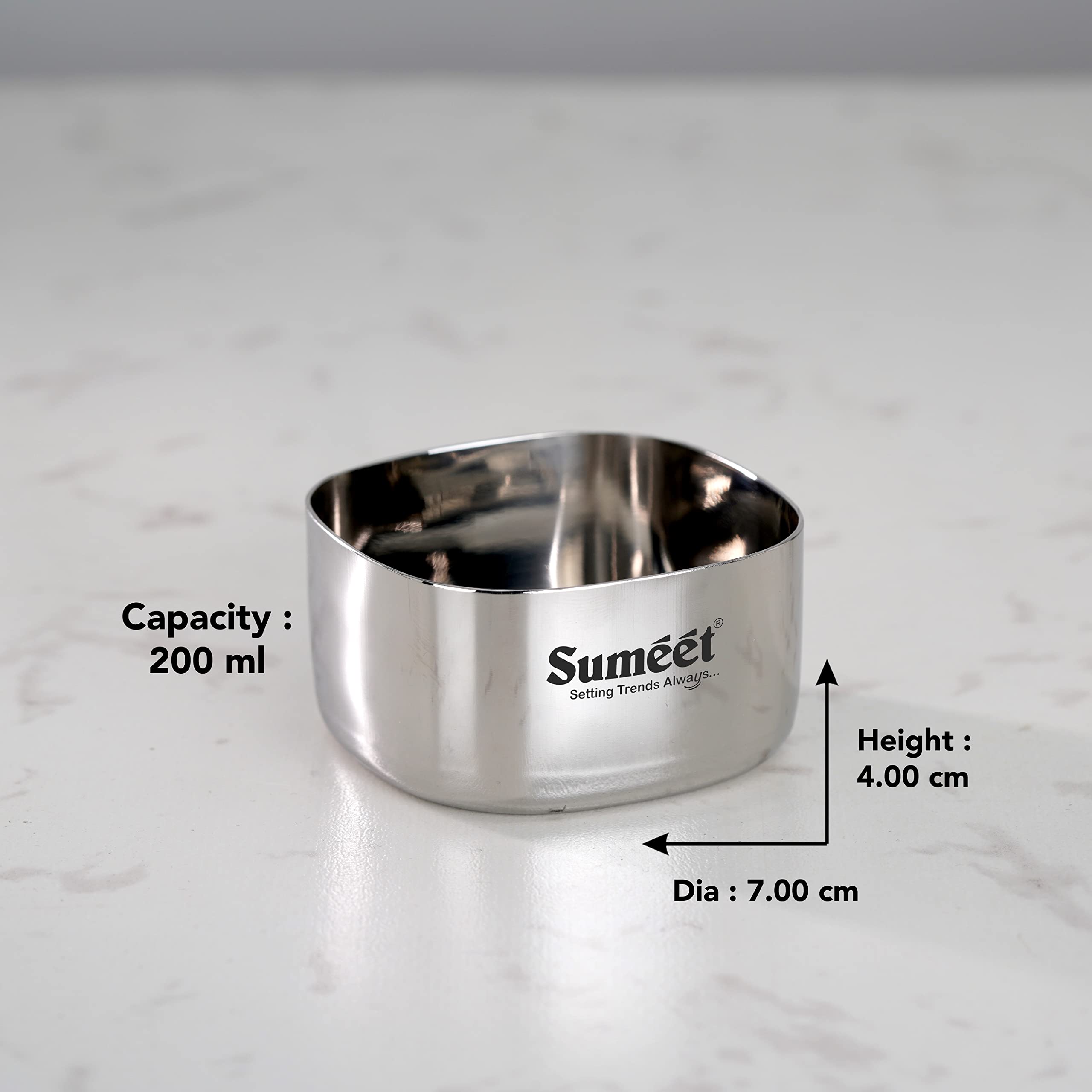 Sumeet Heavy Gauge Stainless Steel Square Bowl/Wati/Katori with Mirror Finish – 7cm Dia, set of 6pc, 200ML Each - Silver 5