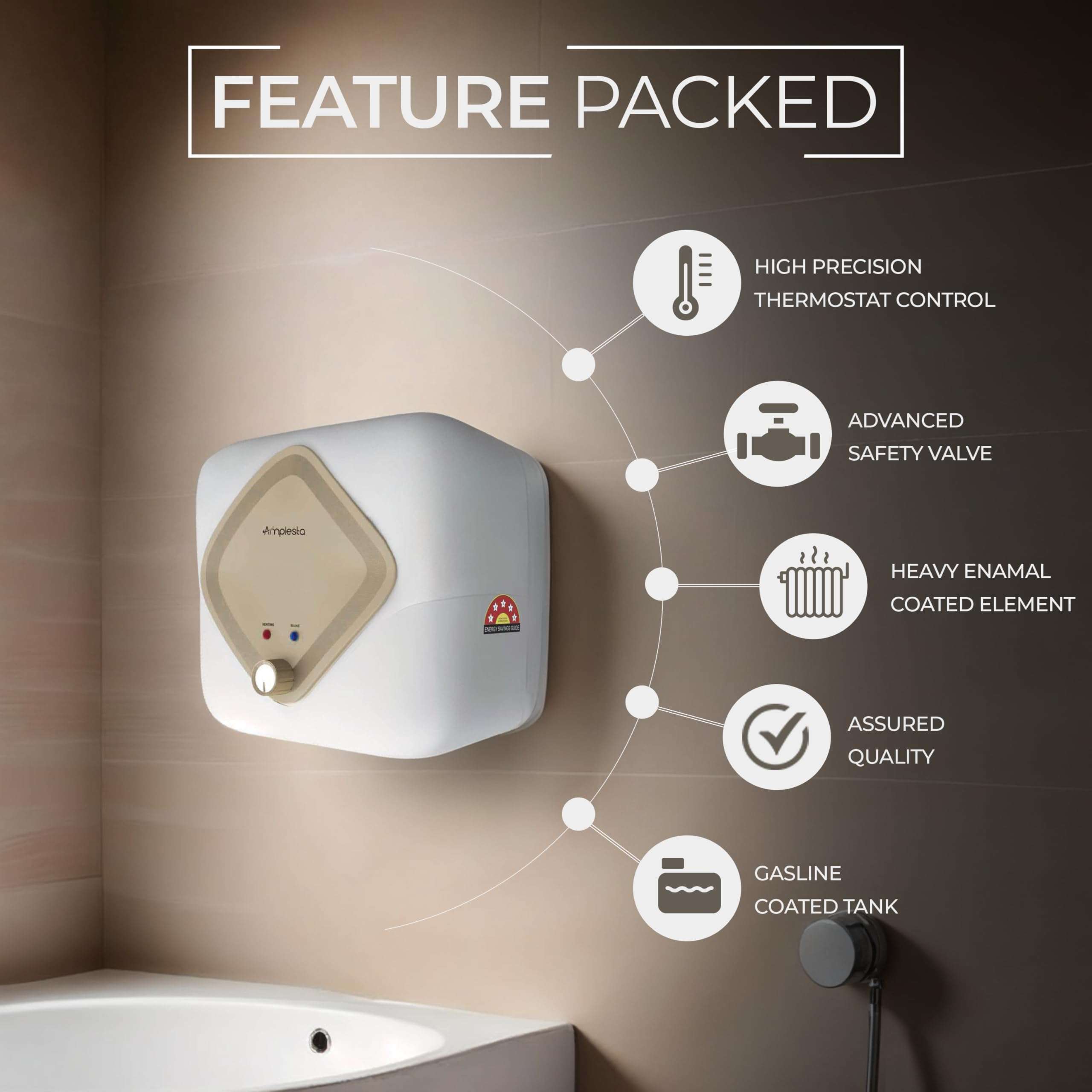 Amplesta Electric Powerflow+25L, 5 Star rated Glassline Storage water heater| 5-Layer Safety Shield| 2000W element, Shockproof ABS Body| 8 bar pressure | Temperature Control Knob| 7-year tank warranty 3