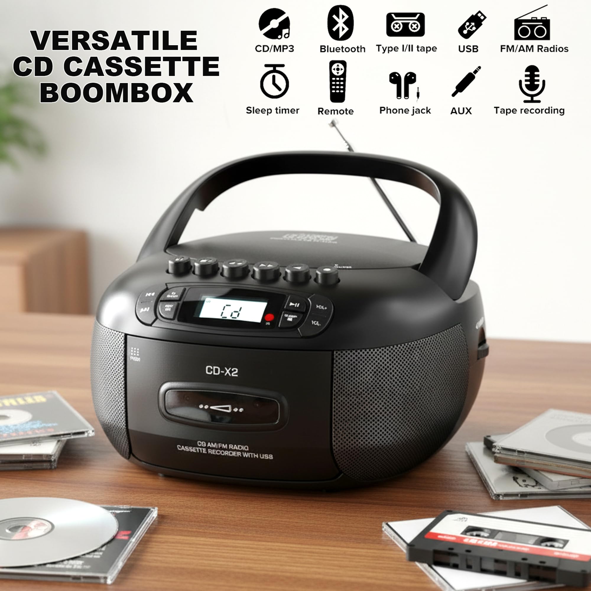 Kuephom CD Player Boombox with Cassette Player: Portable CD Boom Box with Bluetooth,FM/AM,Tape Recorder and Remote - USB/MP3/AUX Player with Sleep Timer- AC/Battery Powered for Home/Outdoor/Gift 3
