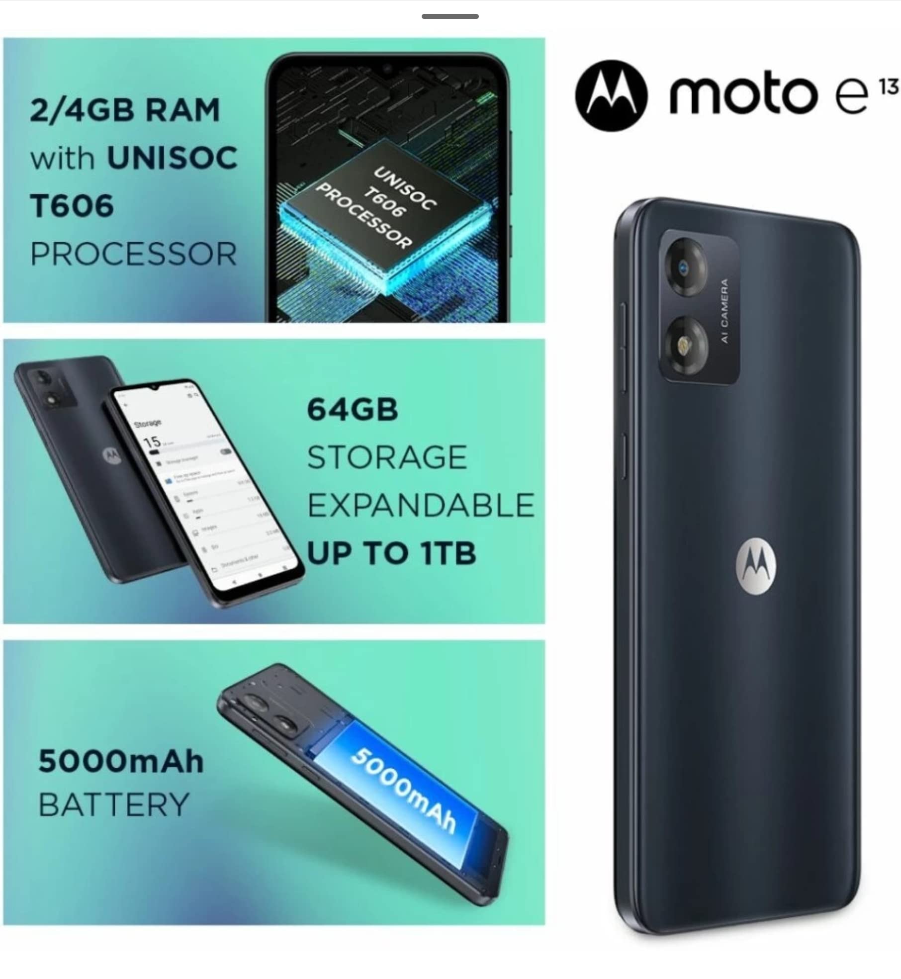 Motorola E13 (Cosmic Black, 2GB RAM, 64GB Storage) | Upto 1TB MicroSD Expandable | 6.5-inch IPS LCD Display with 60Hz Refresh Rate | UNISOC T606 Processor | Face Unlock | IP52 Water Repellent Design 4