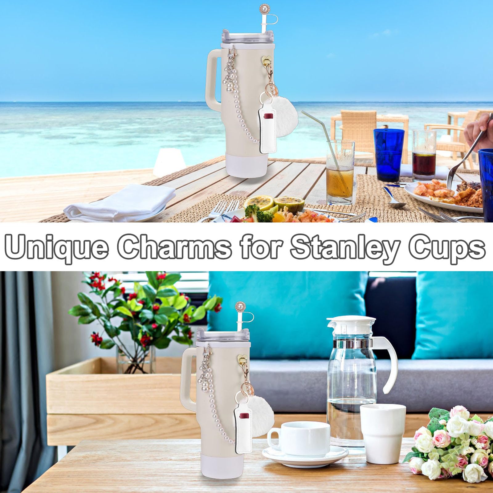 Accessories Set for Stanley Cup 40oz & 30oz Tumbler, Pearl Water Bottle Handle Strap, Silicone Boot, Straw Topper Cover Cap, Chapstick Holder, Charms, Gifts for Women 8 PCS (White) 5