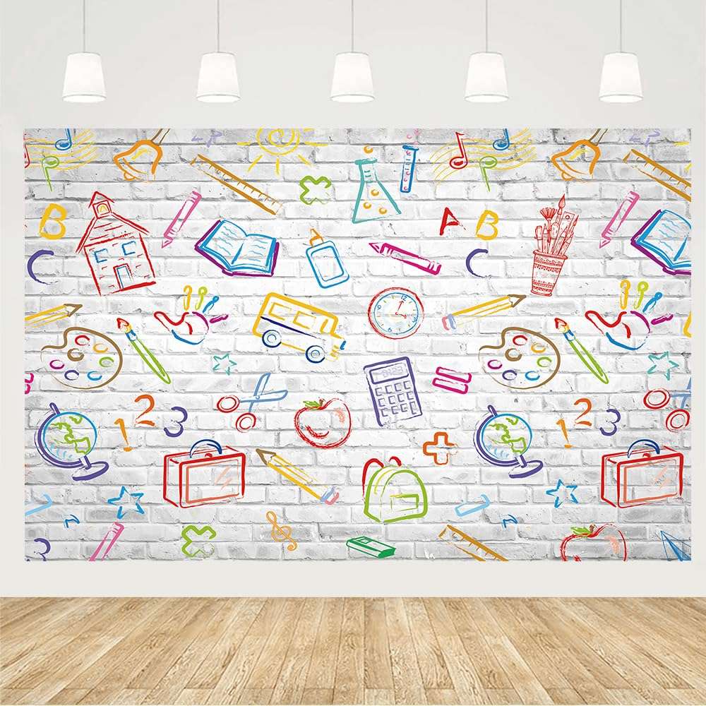 Back to School Backdrop Hand Painted Pencils Books White Brick Wall Photography Background First Day of School Banner Online Teaching Party Decorations Photoshoot Studio Props (10x8FT: 120x96 inch) 5