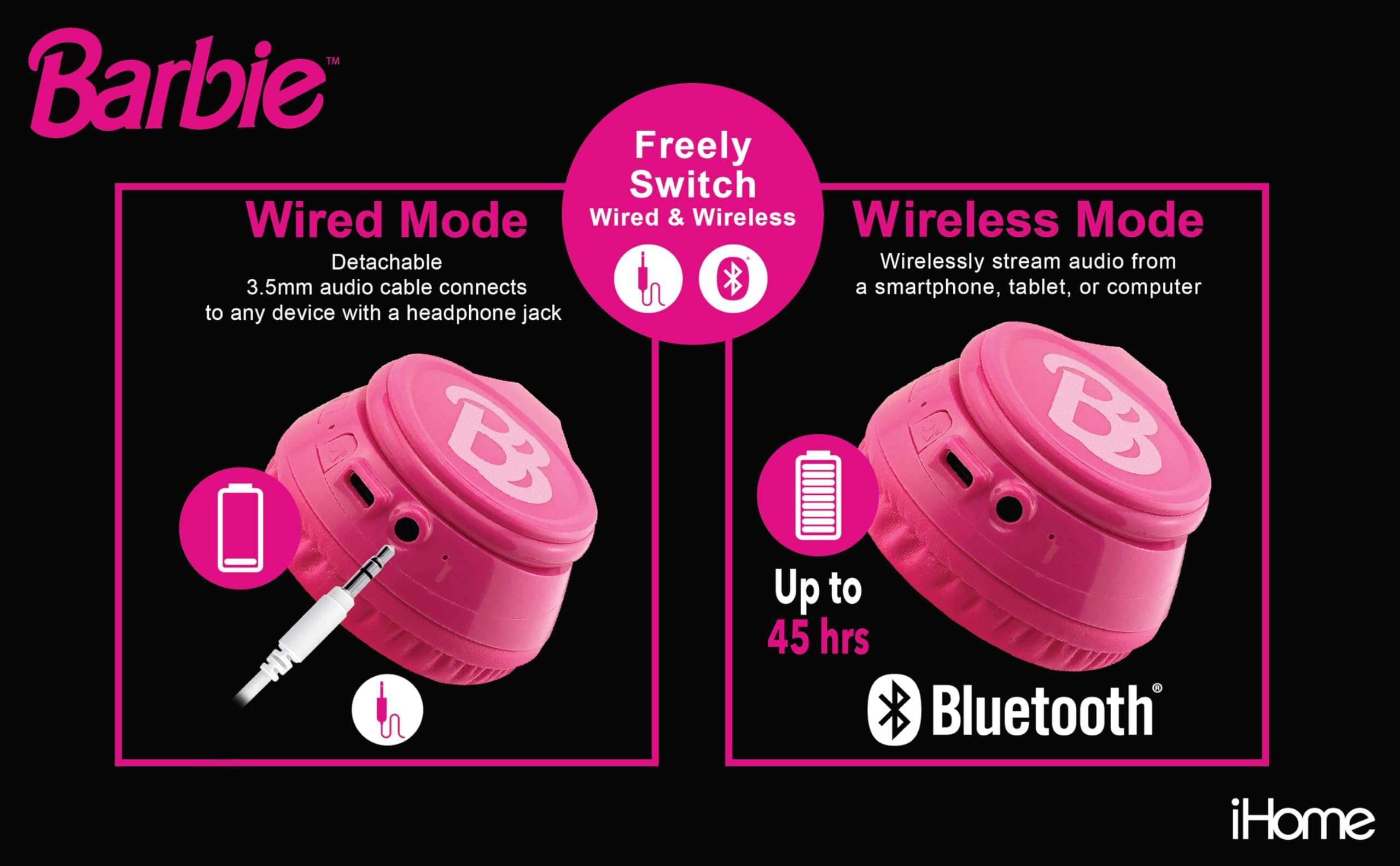 eKids Barbie Bluetooth Headphones, Pink Wireless Headphones with Microphone Includes Aux Cord, Volume Reduced Kids Foldable Earphones for School, Home, or Travel 6