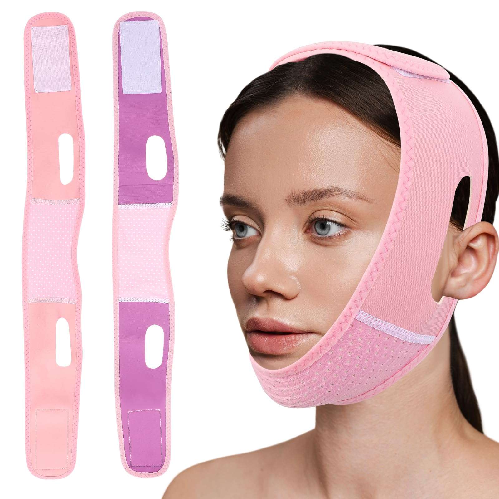 Lusofie 2PCS V-Line Mask Reusable V Line Lifting Mask Womens Chin Strap for Sleeping Double Chin Reducer, V Shaped Face Lifting Strap Face Slimming, Jaw Exerciser for Women (Pink & Purple) 1