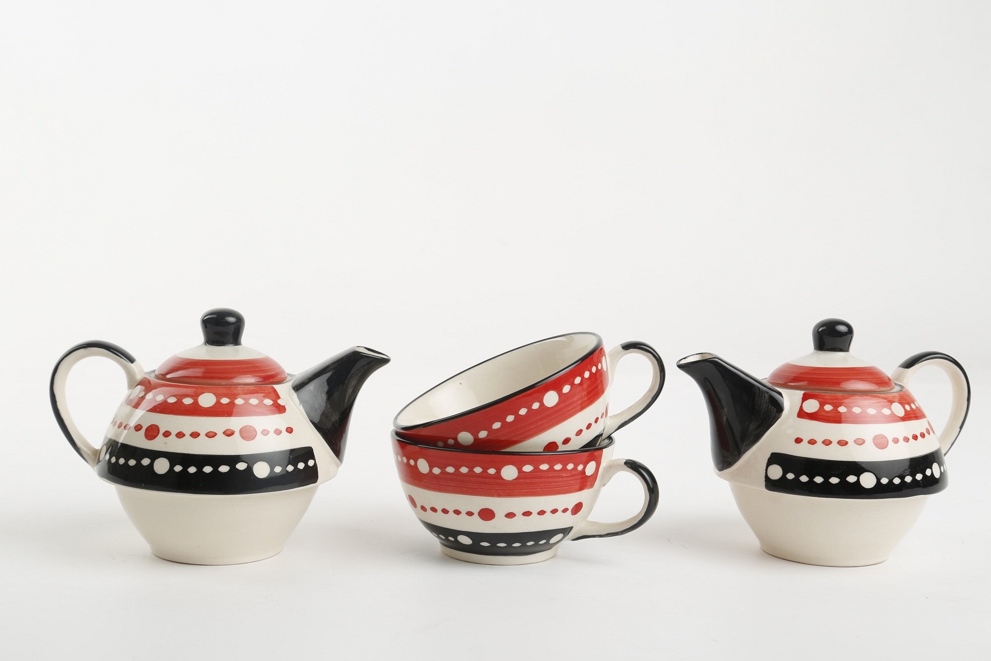 Caffeine Ceramic Handmade red & Black Dotted 2 in1 Tea pot (Set of 2, Single Kettle with Cup) 4