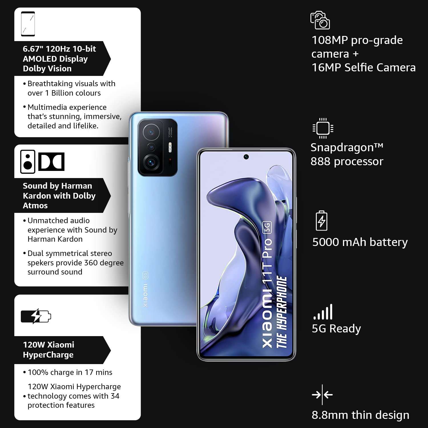 Xiaomi 11T Pro 5G Hyperphone (Celestial Magic, 8GB RAM, 128GB Storage) |SD 888|120W HyperCharge|Segment's only Phone with Dolby Vision+Dolby Atmos 2