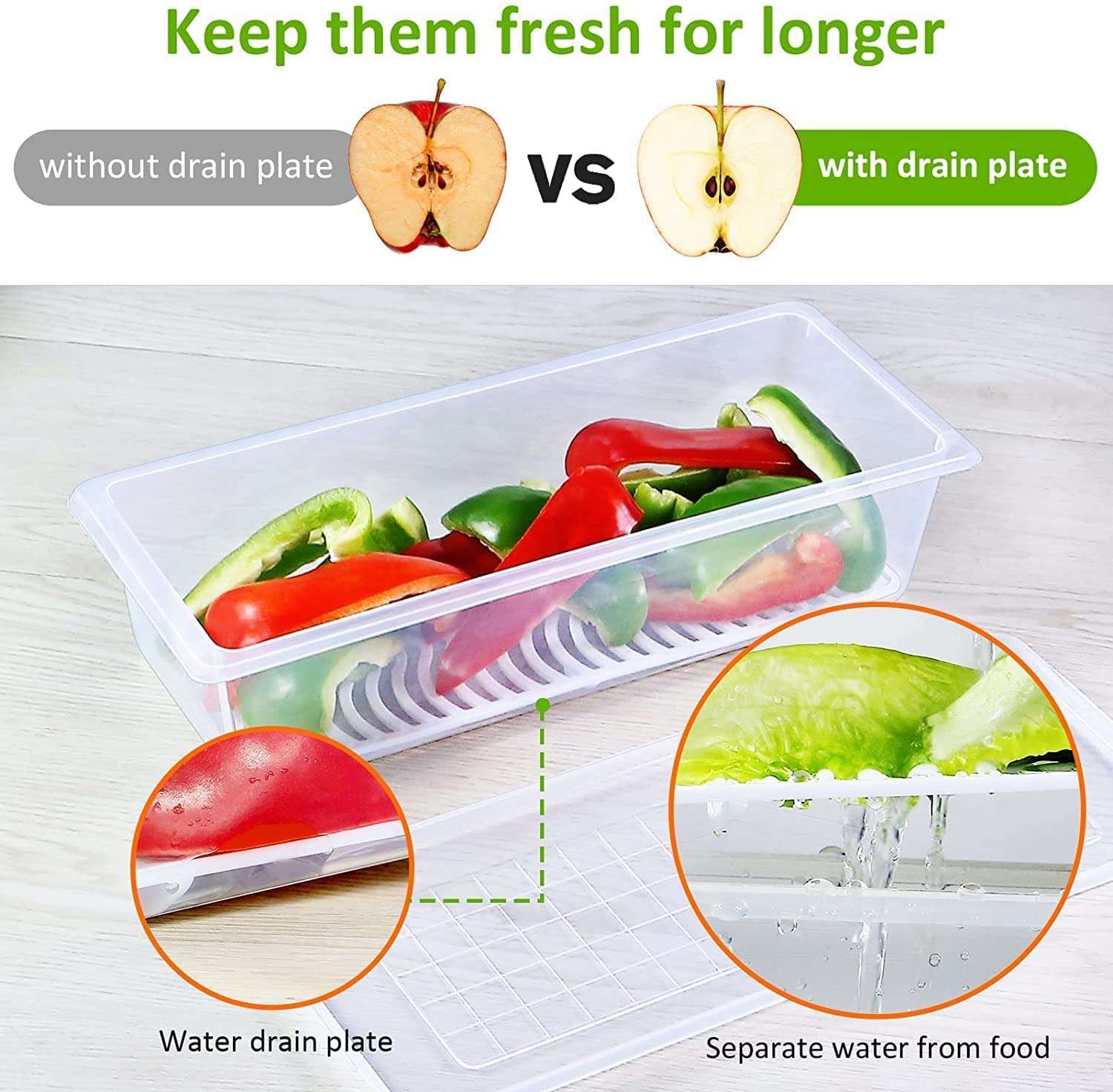 saleszon|| Fridge Storage Boxes Fridge Organizer with Removable Drain Plate Tray Keeps Fruits, Vegetables, Meat, Fish Fresh Longer 1500 ML (4) 3