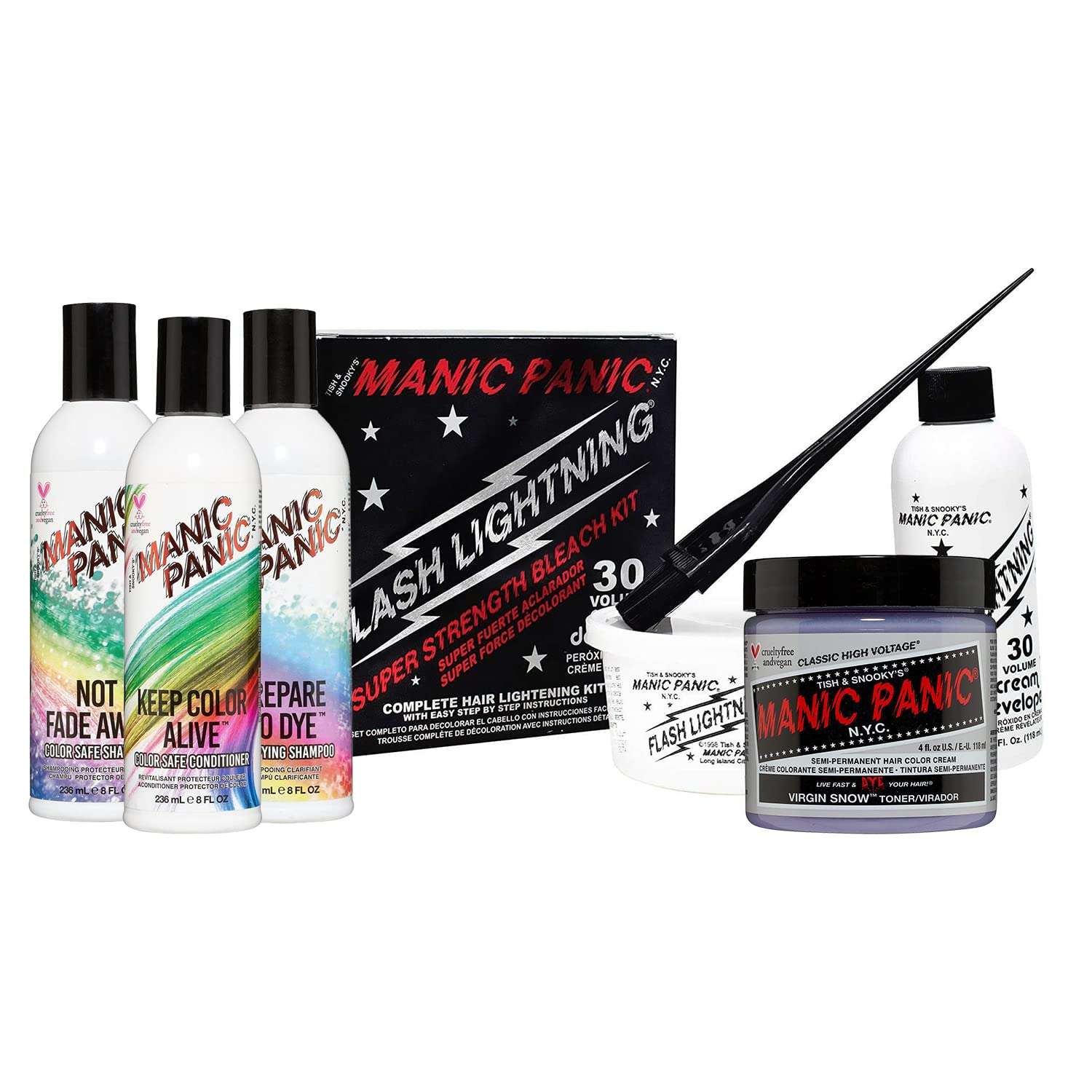 MANIC PANIC Flash Lightning Hair Bleach Kit 30 Volume Developer Bundle with Prepare to Dye Clarifying Shampoo, Shampoo and Conditioner Set for Colored Hair and Virgin Snow Blonde Toner 1