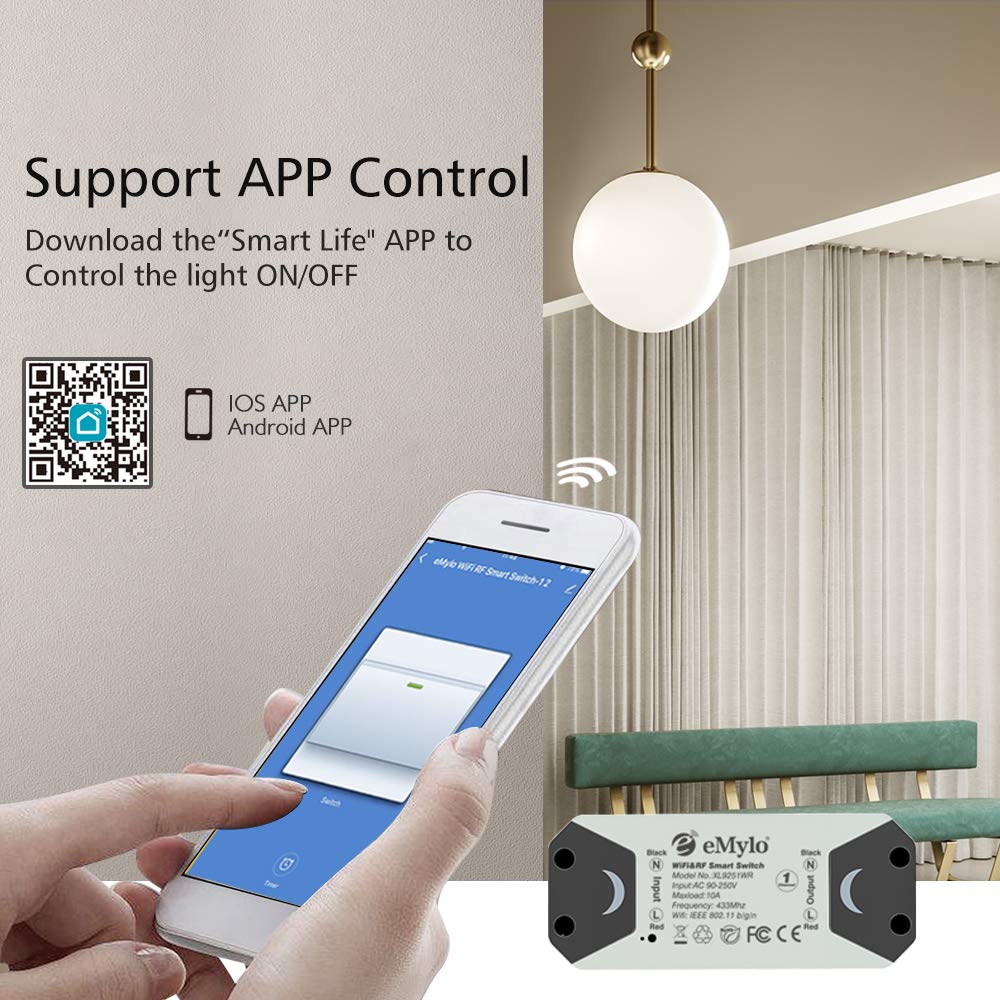 Smart WiFi RF Switch Wireless Relay Module eMylo Remote Control Light Switches 1 Channel 220V Home Automation Outlet Timer 433Mhz Compatible with Alexa/Google Home Assistant Via iPhone Android 3