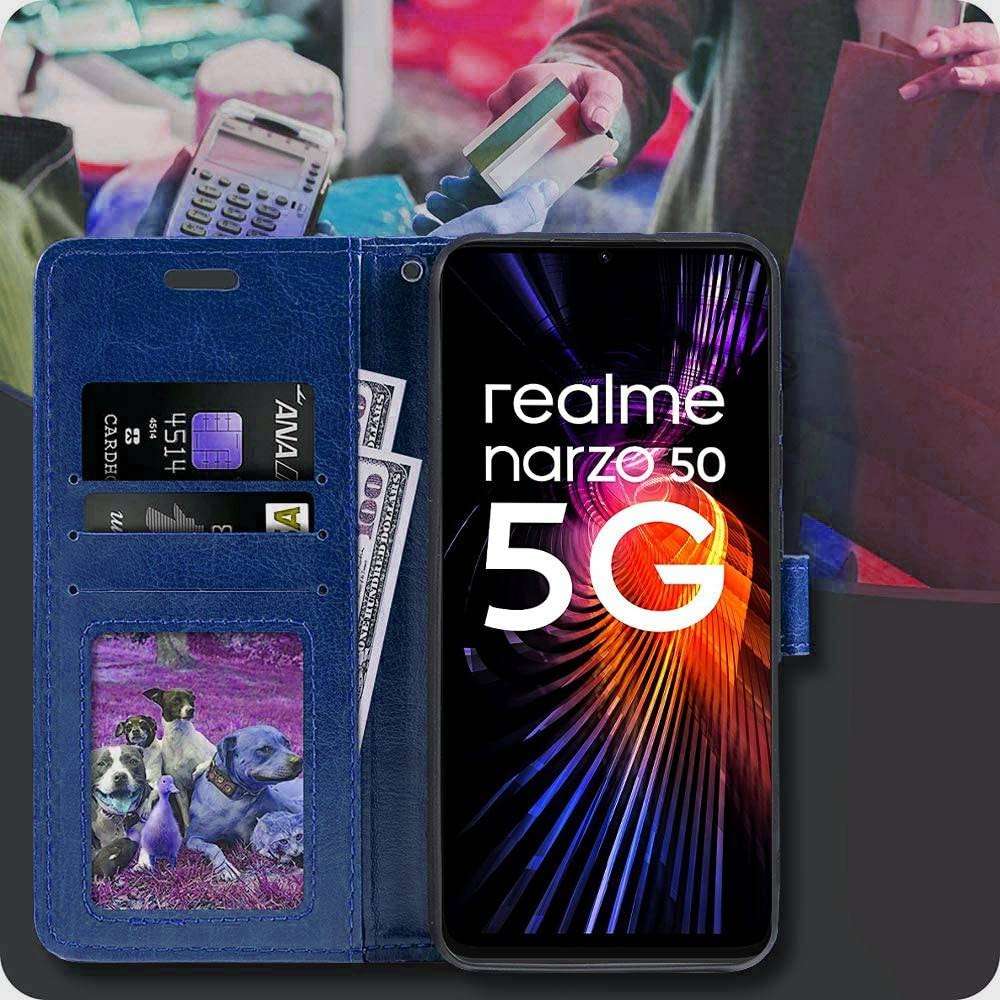 Frazil Vintage Leather Finish Flip Cover for Realme Narzo 50 5G | Inside Pockets & Inbuilt Stand | Wallet Style Back Case | Magnet Closure (Blue) 2