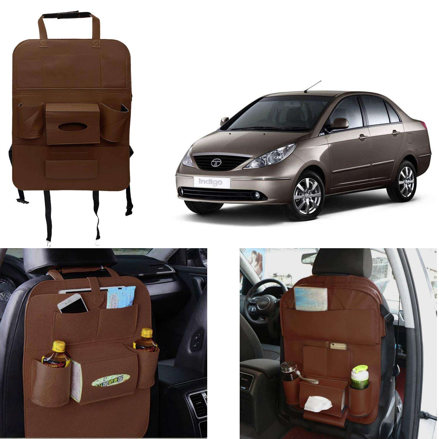 Oshotto Car Backseat Storage Organizer Phone Holder,Multi-Pocket for Bottles, Tissue Boxes,Kids Toy Storage and Great Travel Accessory Compatible with Tata Indigo (Brown) 2