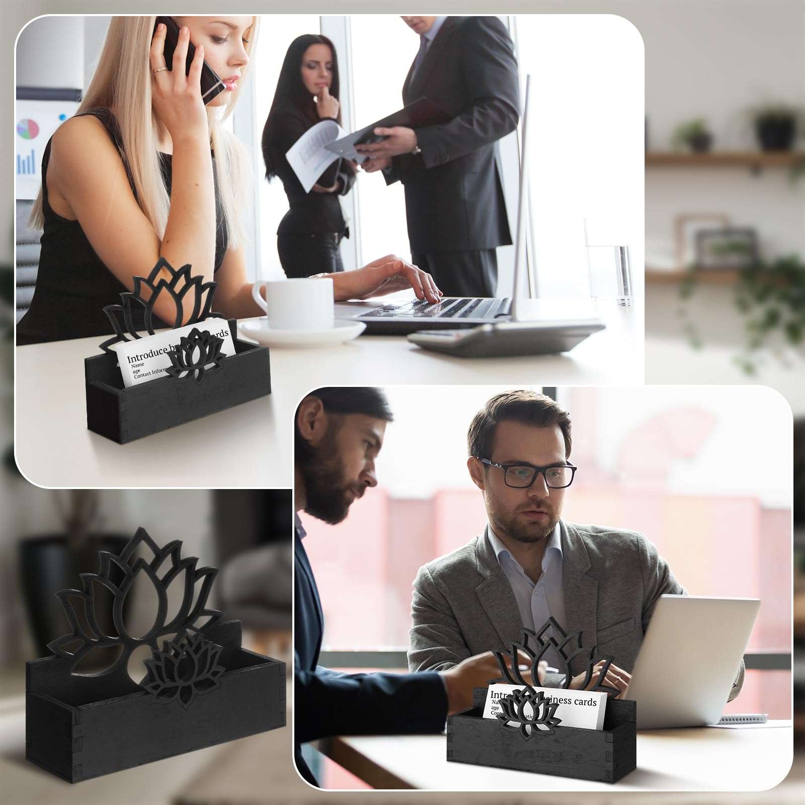 Qunclay 2 Pack Lotus Flower Business Card Holder, Wooden Decorative Business Card Holders for Desk Postcard Display Stand for Office Desktop (Black) 4