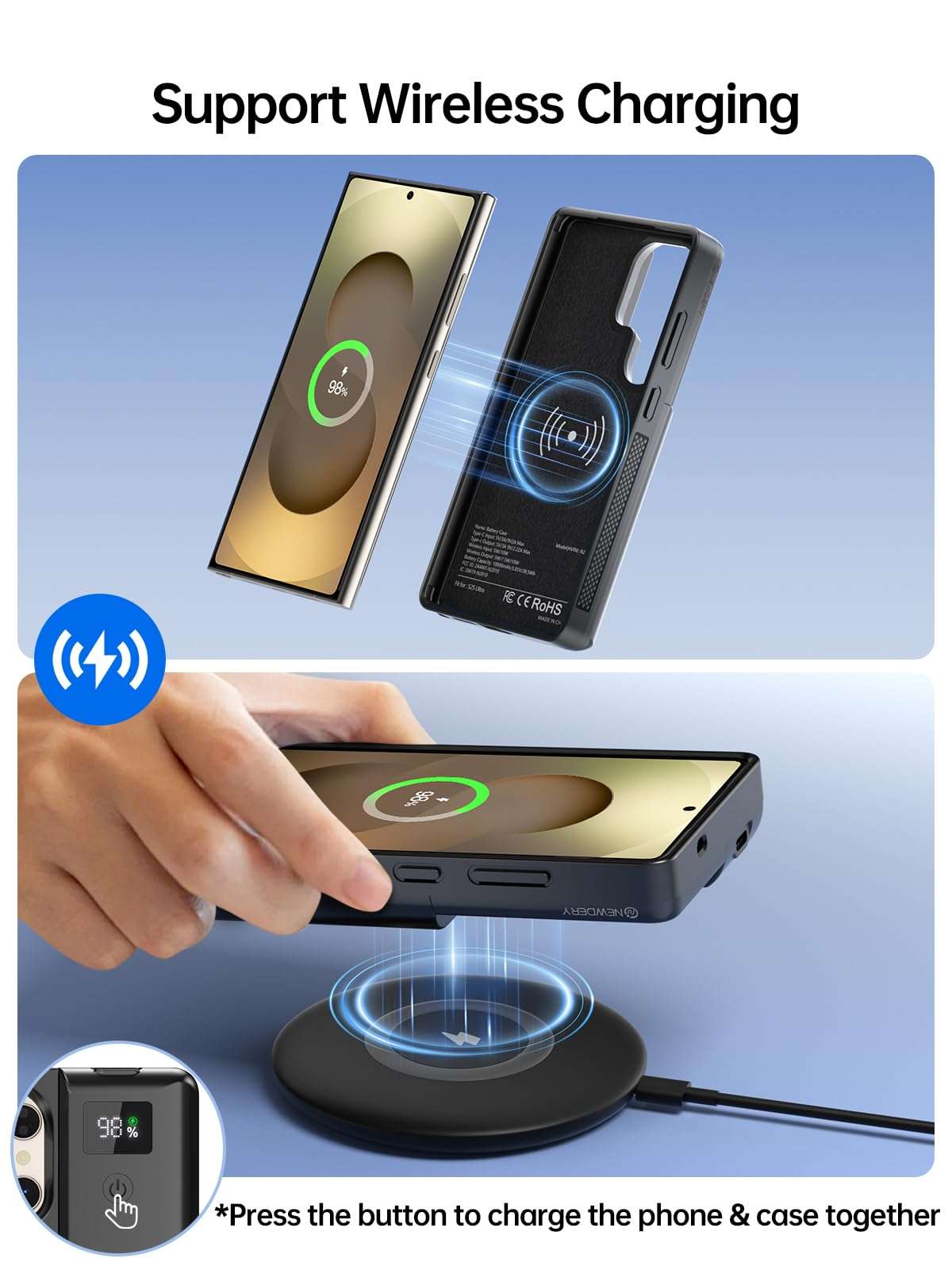 NEWDERY for Samsung Galaxy S25 Ultra Battery Case 6.9",10000mAh Portable Power Bank with LED Display, Qi Wireless Charger & 20W USB C Fast Charging, Sync-Data Supported Black 3