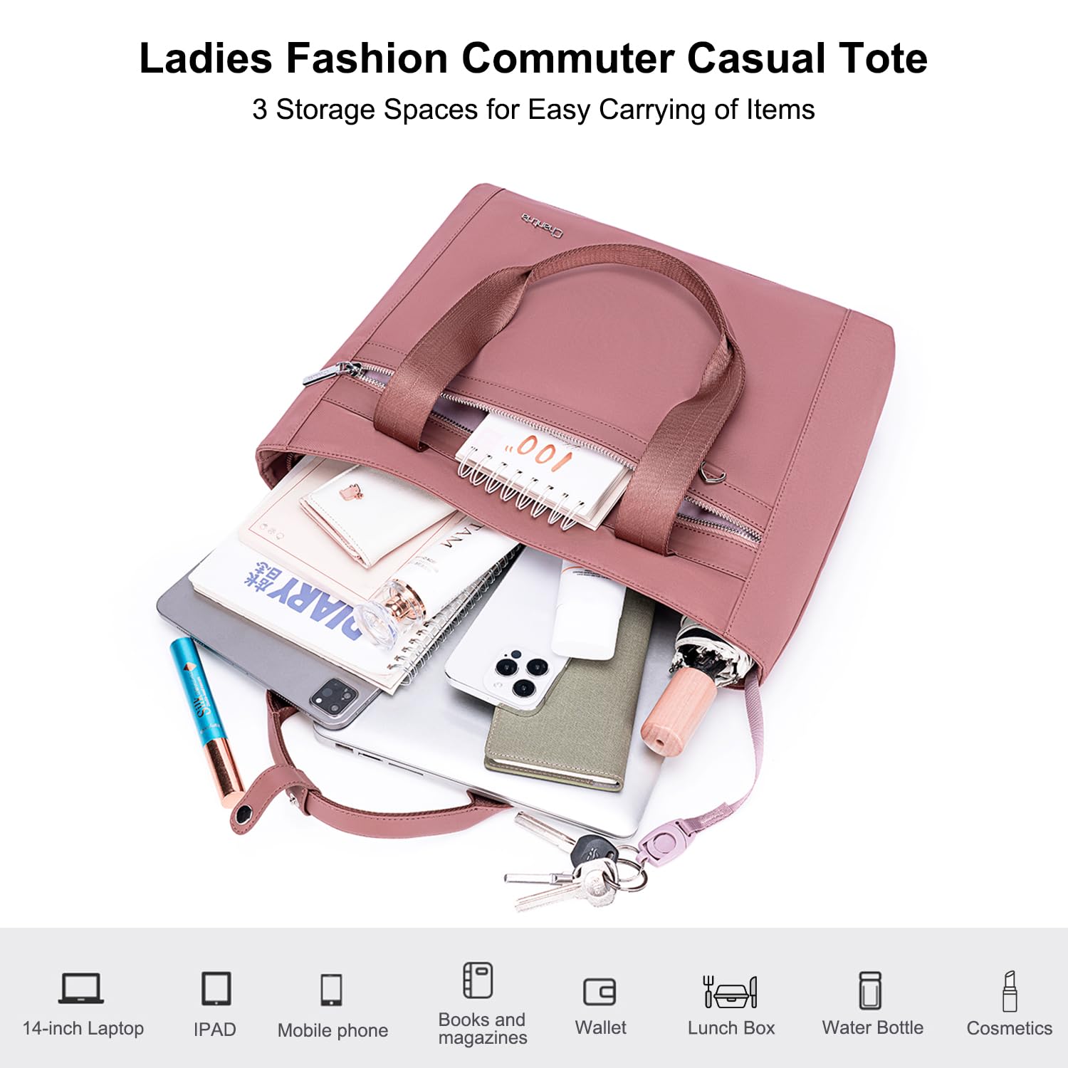 CHANTRIA Tote Bag for Women 8L Stylish Hand Bag for Ladies 14-inch Laptop Multiple Pocket Water-resistant Nylon Womens Shoudler Bag for Office College Casual 6
