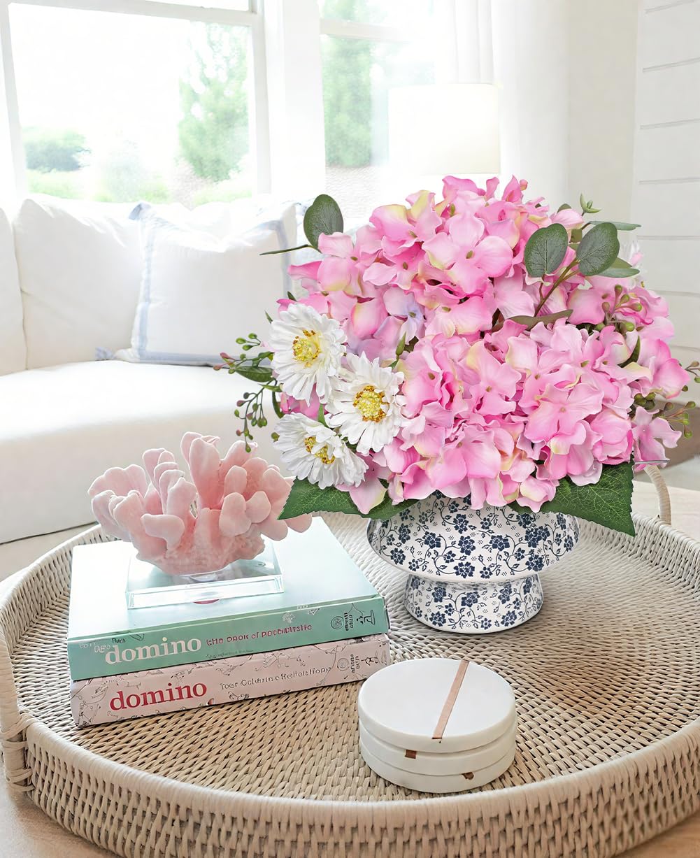 Briful Hydrangea Artificial Flowers Mixed Daisy Eucalyptus Leaf Berries Fake Flowers, Large Blue and White Ceramic Vase Realistic Silk Flowers Bouquet for Home Decor Wedding Farmhouse, Pink Purple 6
