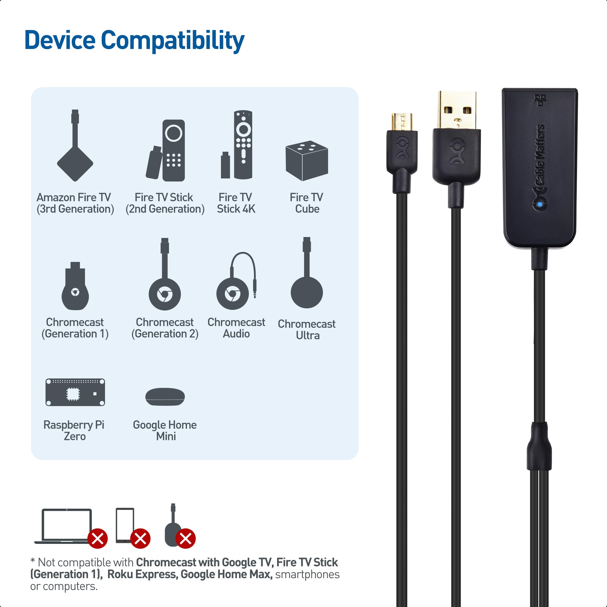 Cable Matters Micro USB to Ethernet Adapter Up to 300+Mbps, Fire Stick Ethernet Adapter, Compatible with Fire TV Stick, Chromecast (Gen 1-3, up to Aug 2020), Google Home Mini - Not for Roku 3