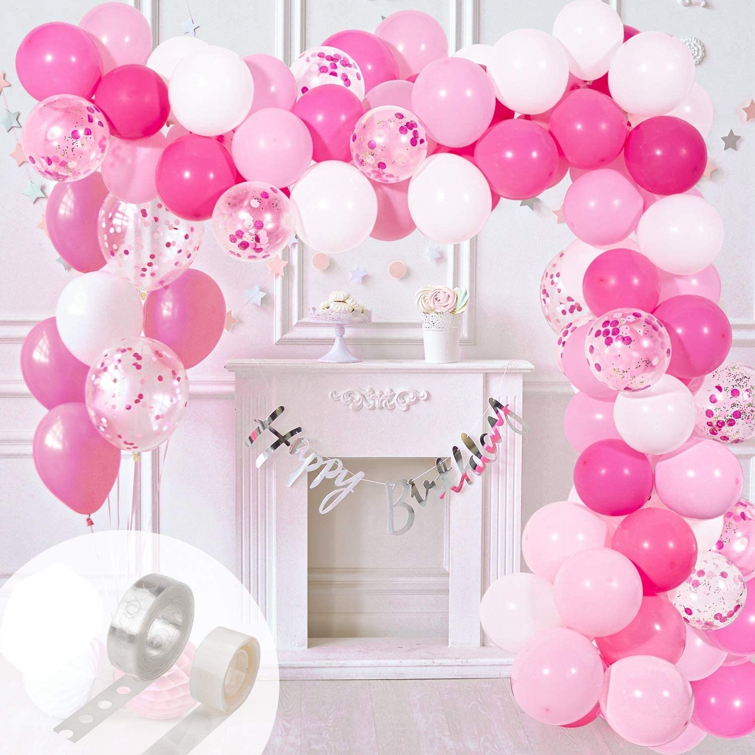 Dark Pink Theme Birthday Party/Balloon Garland Decorations For Kids – 90 Pcs Combo – Light pink, Dark Pink, White Balloons, Rose gold Confetti Balloon – Party decoration 1