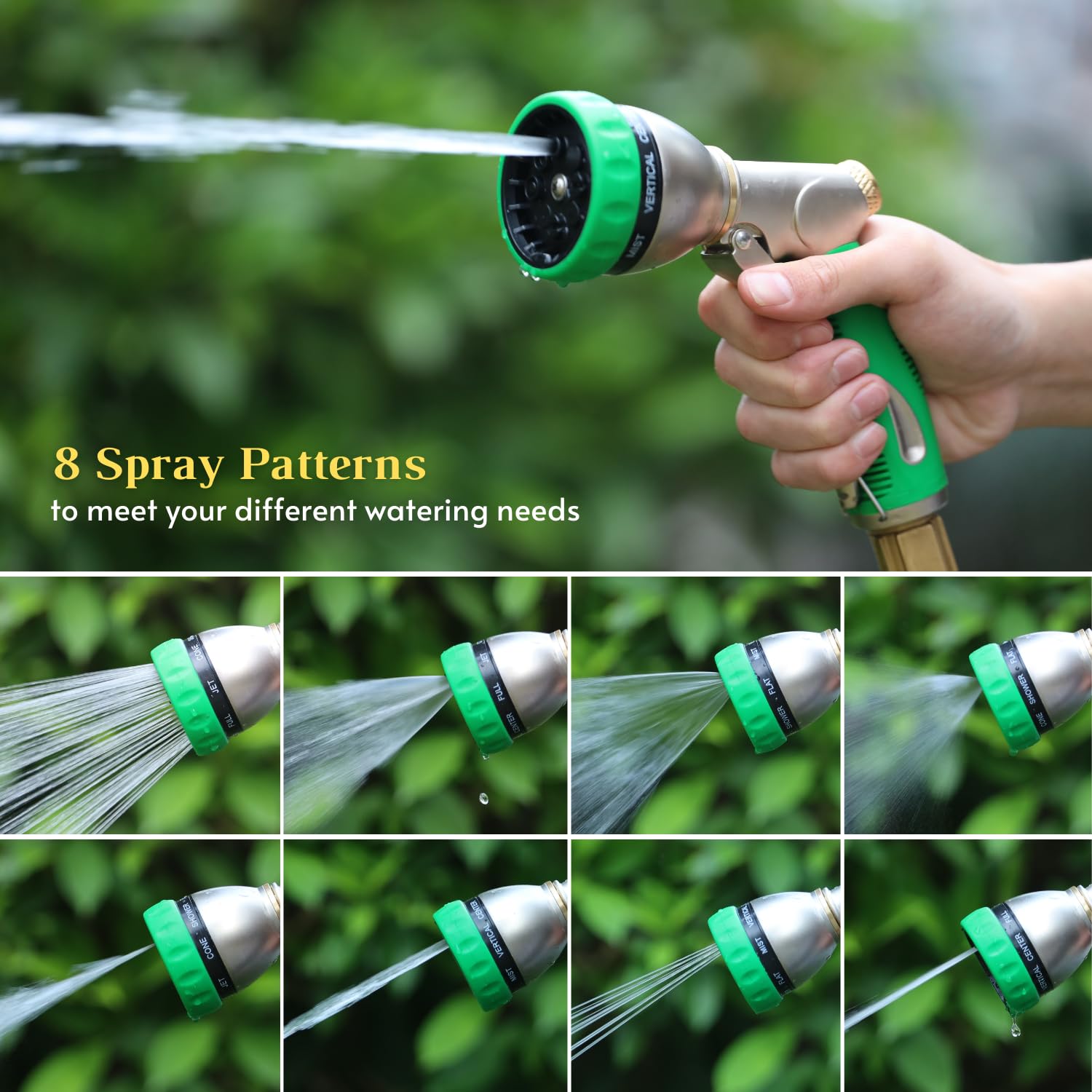 HOSUN Garden Hose Nozzle Sprayer Heavy Duty, 100% Metal Water Hose Nozzle with 8 Spray Patterns, High Pressure Hose Spray Nozzle with Non-Slip Grip for Watering Plant & Lawn, Washing Car & Pet, Green 5