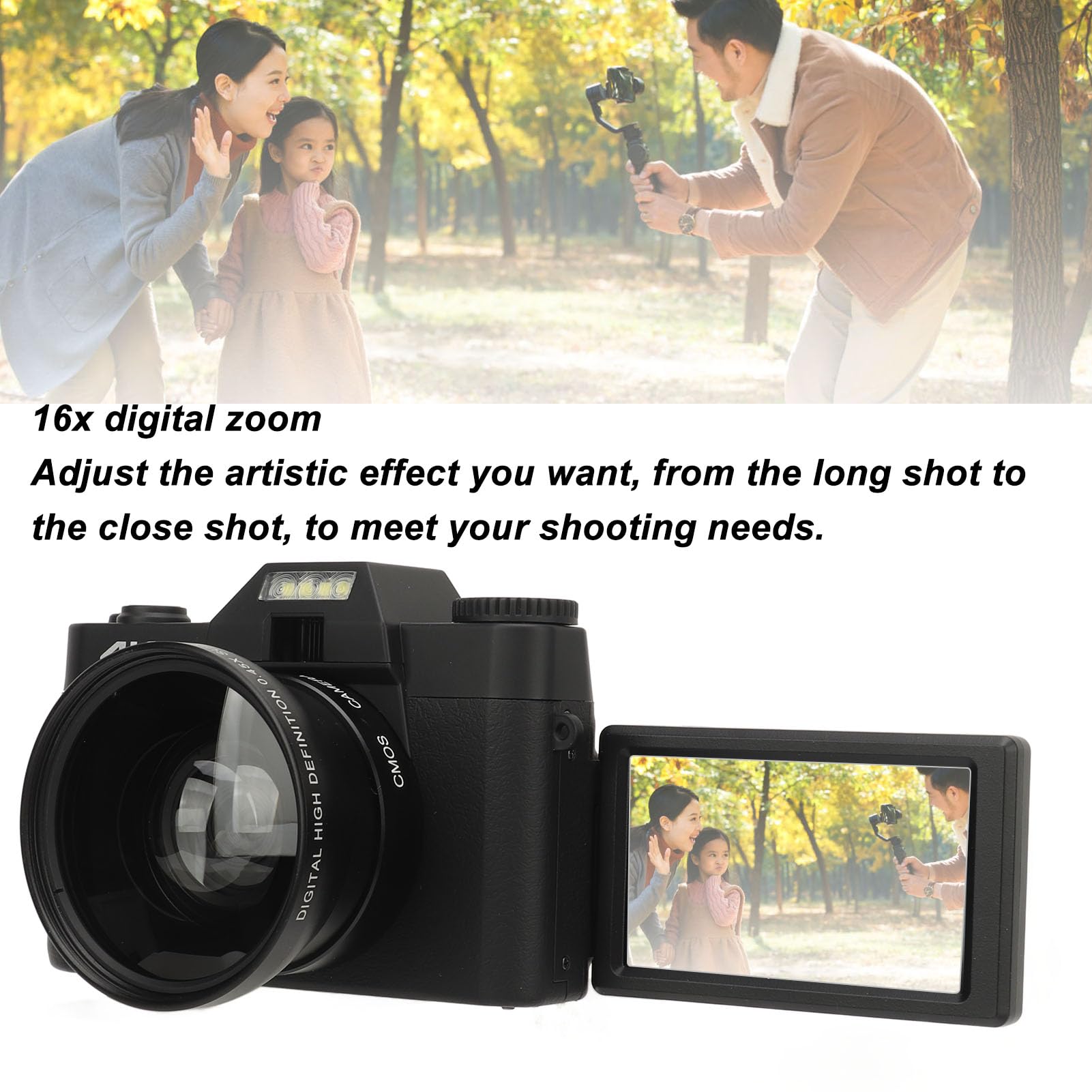 4K Digital Camera, 16X Zoom Digital Zoom Anti Shake Video Camera with 180° Flip Screen, Autofocus Vlogging Camera for Photography, Compact Point and Shoot Travel Cameras for Adults 4