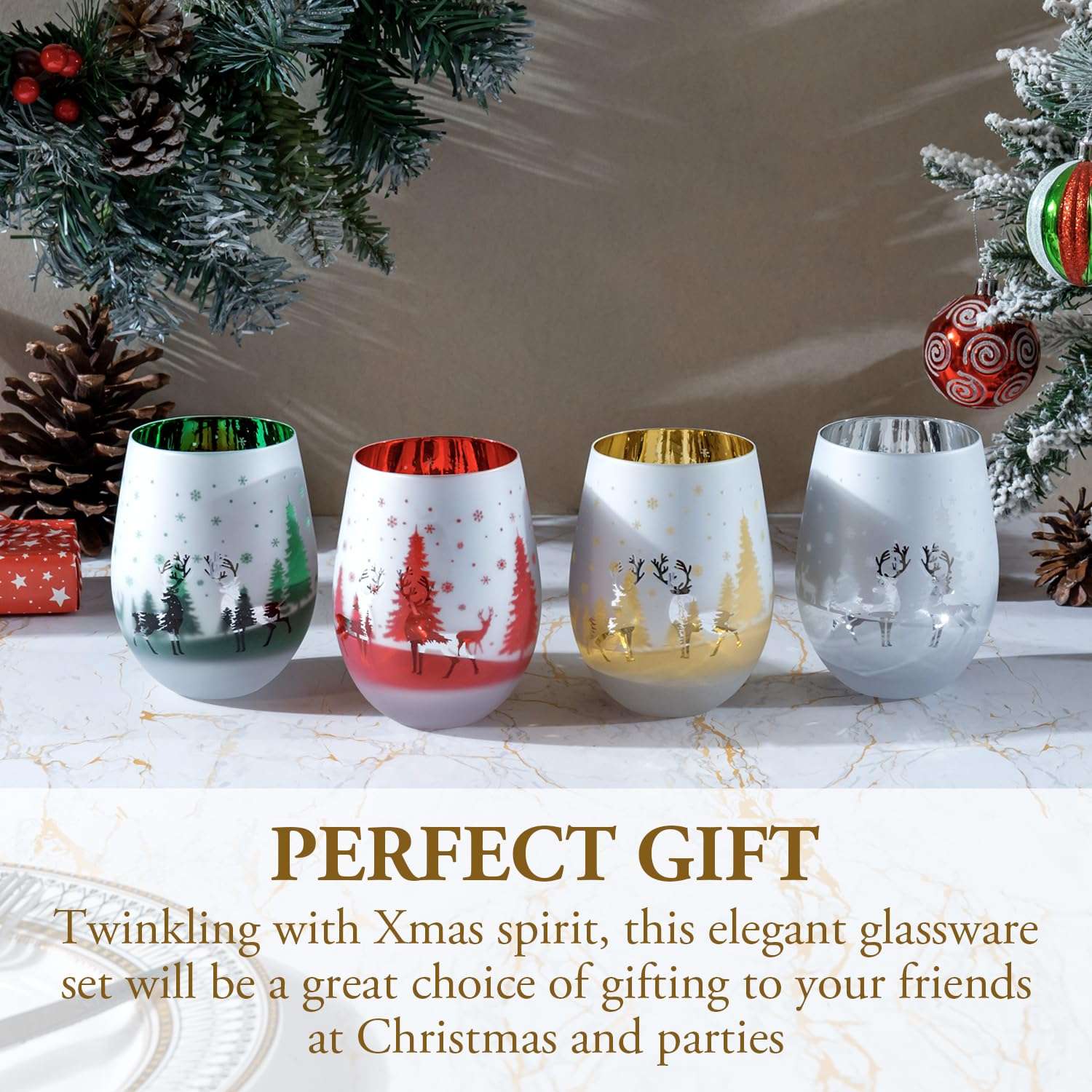 MyGift 14 oz Christmas Stemless Holiday Wine Glasses with Frosted Winter Scene, Festive Glass Drinkware Cups for Xmas Party, Red Green Gold Silver, Set of 4 4