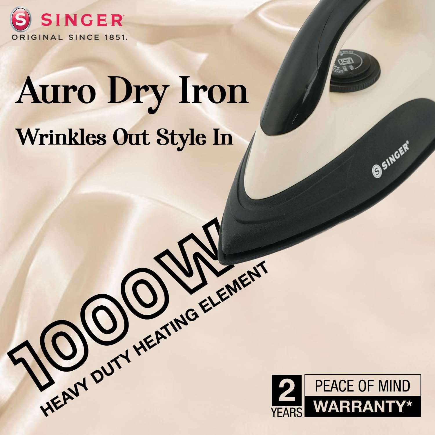 SINGER Auro 1000 Watts Dry Iron | Bigger Sole Plate for Faster Ironing | Uniform Heating with U Shaped Element | Adjustable Temperature Control | 2 Year warranty【 Beige-Black 】 3