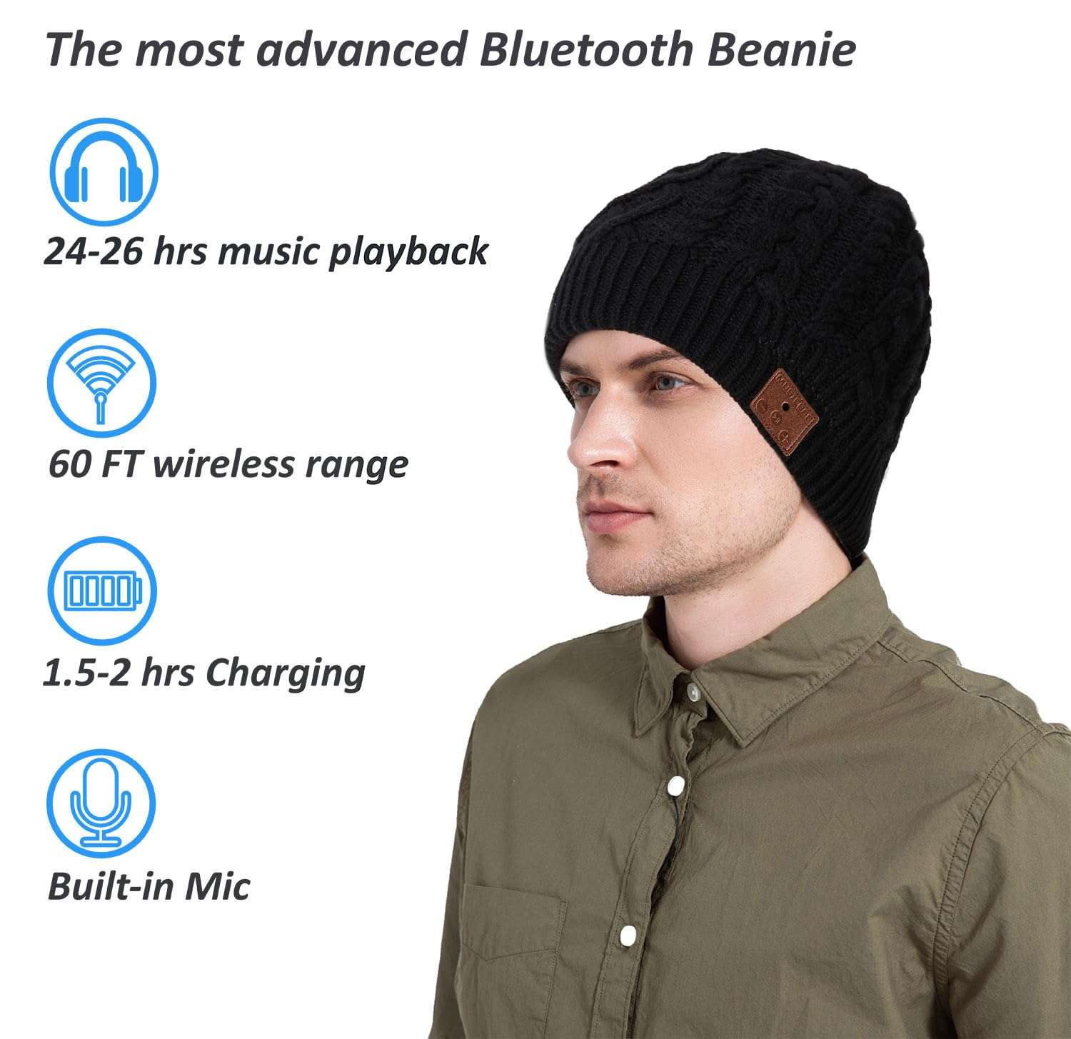 MUSICBEE Bluetooth Beanie，Bluetooth V5.2, 24 Hour Play time, Built-in Microphone and HD Stereo Speakers, Wool Lined for Outdoor Homes and Gifts - Neutral(Black 3