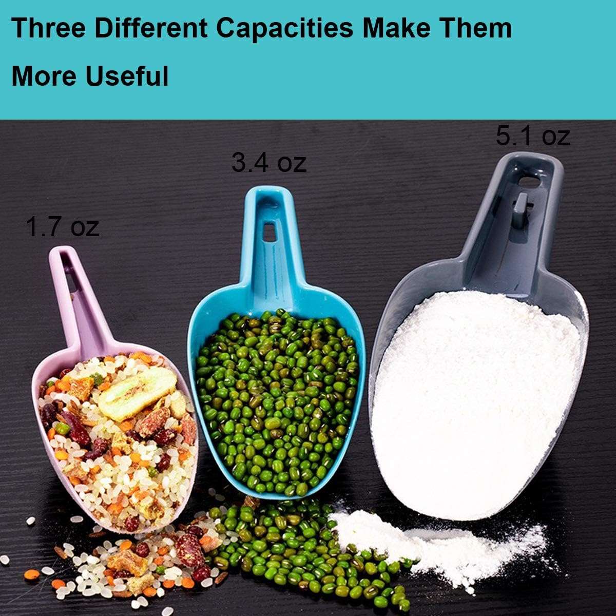 Krizkey 3 Pcs Multi-Purpose Plastic Nesting Scoop Spoons for Canisters Flour Cereal Popcorn Scoop Set Kirana Shop, Grocery, Grains, Sugar, Atta, Rice, Masala Powder, Ice Cream 4