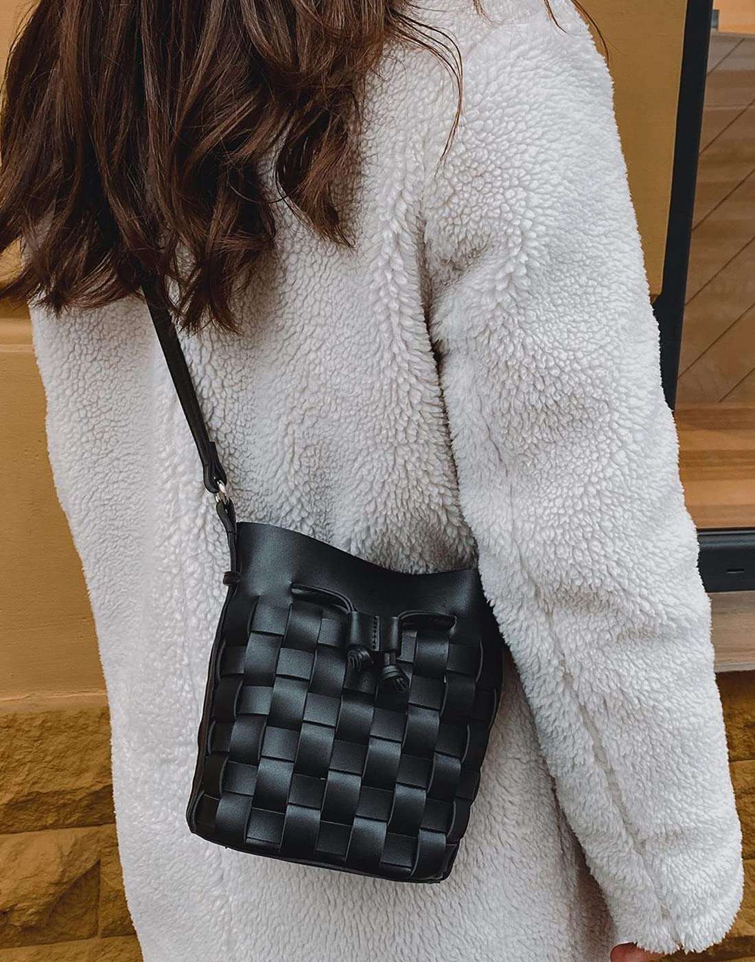 TIJN Woven Bucket Bag for Women Luxury Satchel Handbag with Vegan Leather Crossbody Bag,Black(Ailin) 4