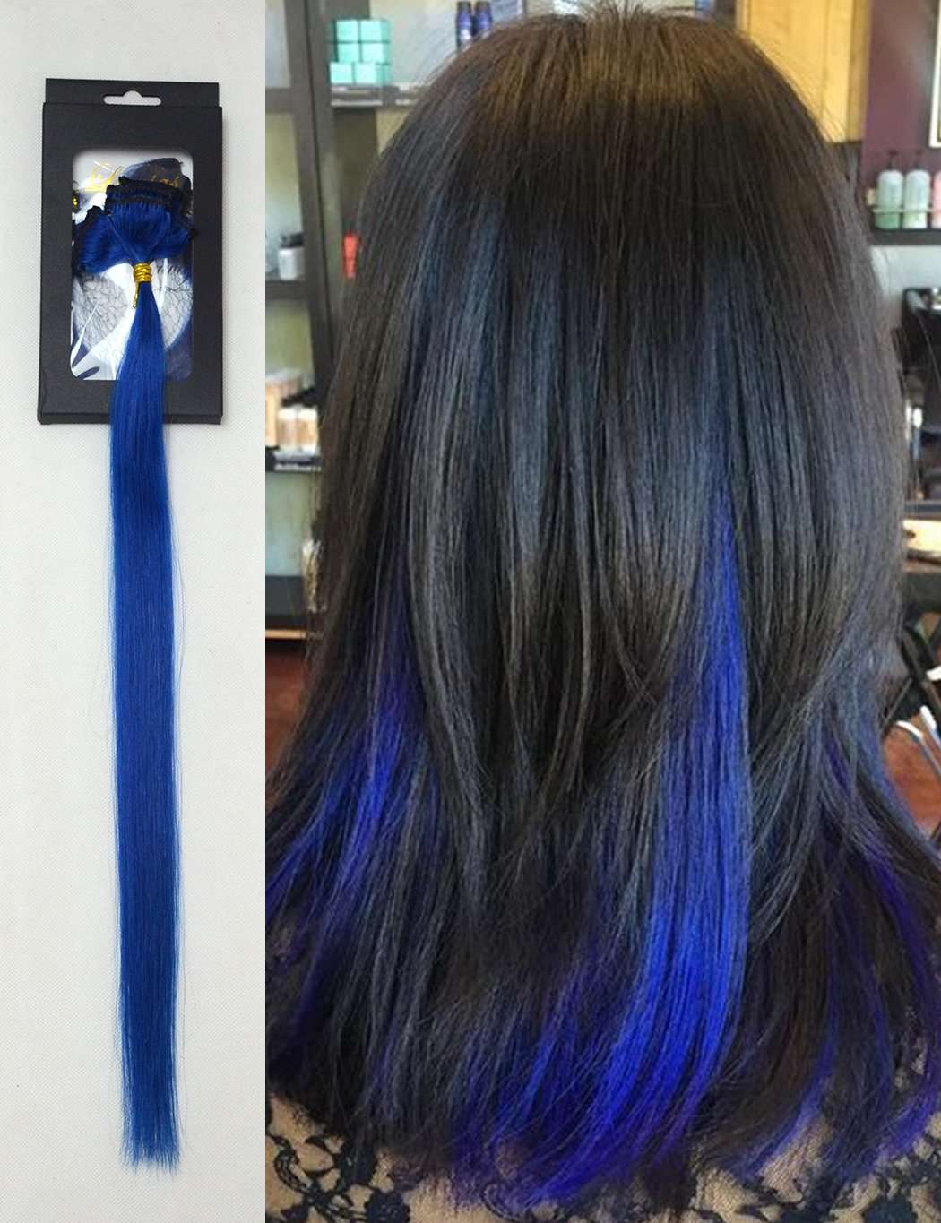 Luwigs 18inches Blue Clip in Hair Extensions Straight 100% Human Virgin Hair Fashion Hairpieces for Party Highlight 5pcs/set (18 inches, Blue) 1