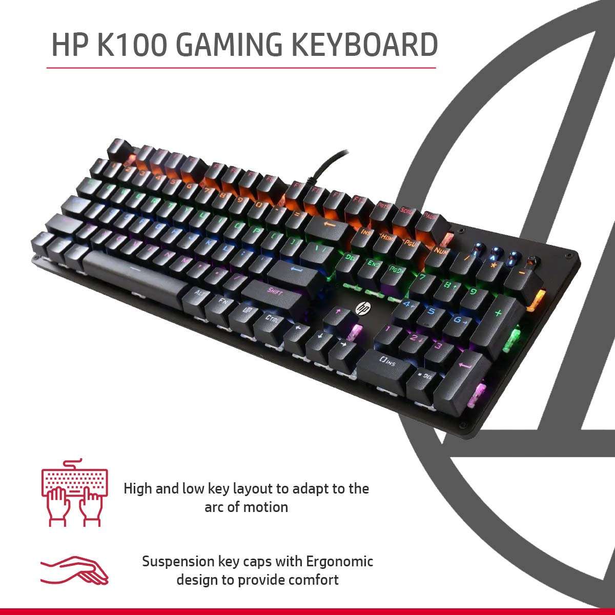 HP GK100 Wired Full Size RGM Backlit Mechanical Gaming Keyboard, 4 LED Indicators, Mechanical Switches,Double Injection Key Caps, and Window Key Lock, 3 Years Warranty (1D763AA) 4