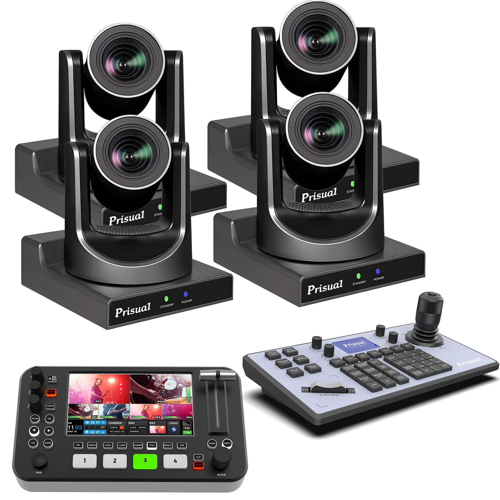 Prisual NDI PTZ Camera Bundle 20X HDMI 3G-SDI IP PoE HDMI PTZ Camera for Church Live Streaming(4pcs) + R2 Pro Video Switcher + TEM-JOY1 PTZ Controller