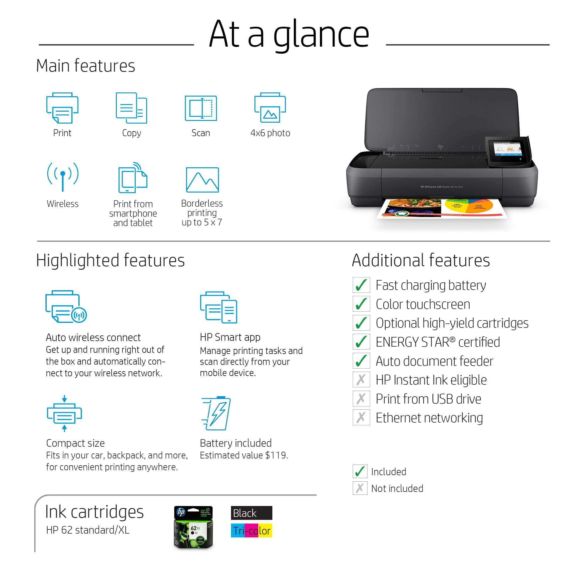 HP OfficeJet 250 Wireless Mobile Printer, Scanner, Copier - Black, Battery included (CZ992A) 3
