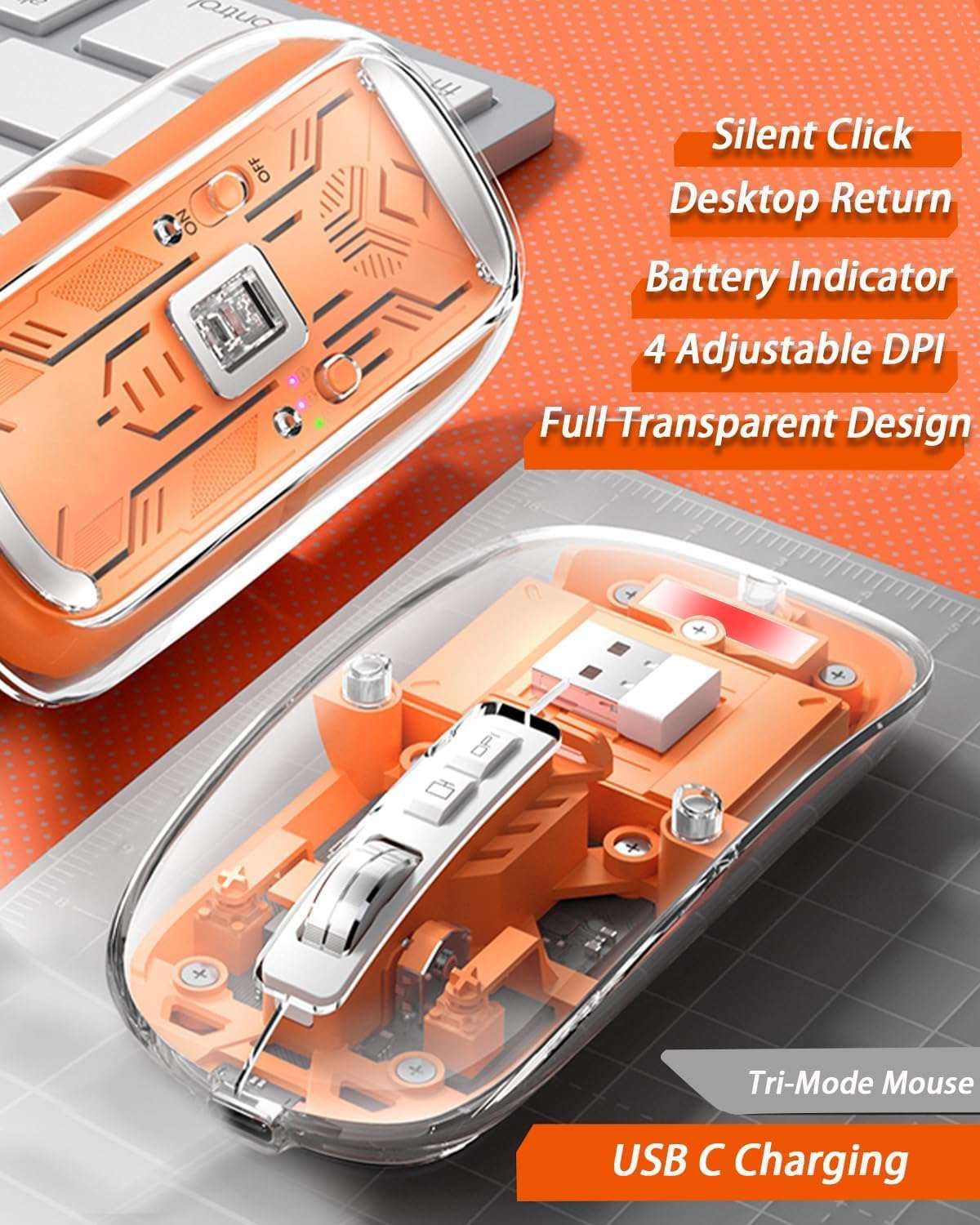 MICROWARE Transparent Wireless Mouse BT5.1/2.4G Bluetooth Mouse Rechargeable Mute Mouse Compatible Mac,iPad,Mack-Book,Laptop, and PC (Orange) 3