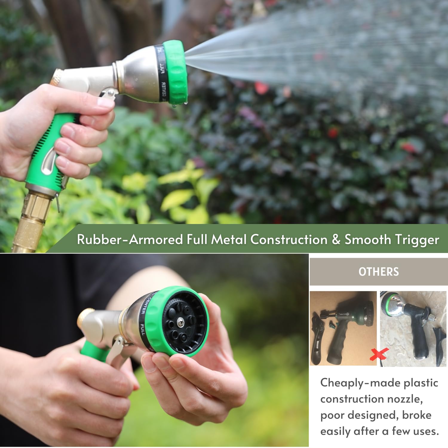 HOSUN Garden Hose Nozzle Sprayer Heavy Duty, 100% Metal Water Hose Nozzle with 8 Spray Patterns, High Pressure Hose Spray Nozzle with Non-Slip Grip for Watering Plant & Lawn, Washing Car & Pet, Green 6