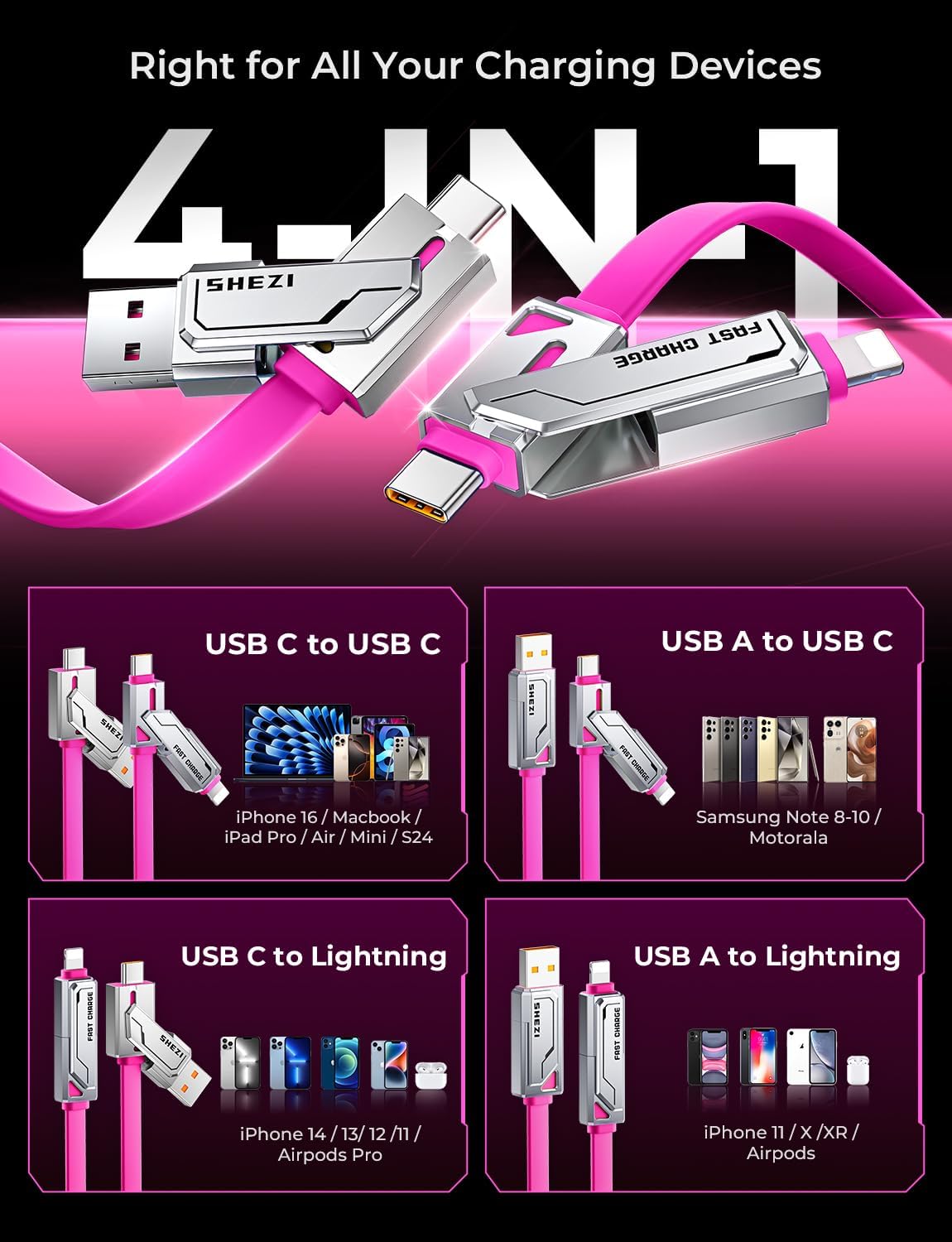 SHEZI 2 Pack Cable Bundle, 4 in 1 240W USB C Cable(Pink) with 4 in 1 USB C Cable 240W 5FT(Grey) Bundle 4