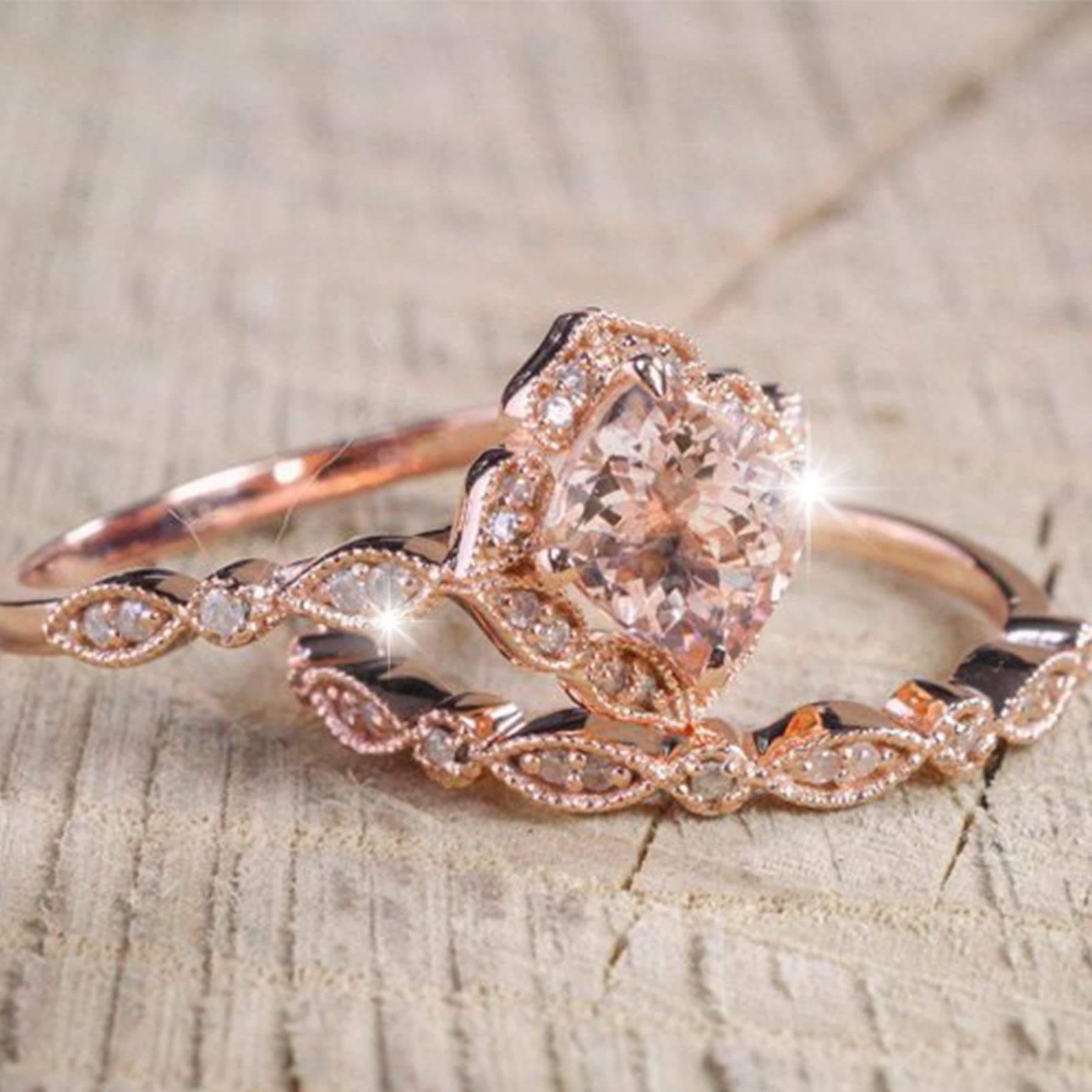 Flower Shape Rose Gold Ring Rhinestone Engagement Ring Wedding Ring Set Flower Rhinestone Ring Set Full Diamond Ring Size 5 10 Cute Small Rings (Rose Gold, 7) 4