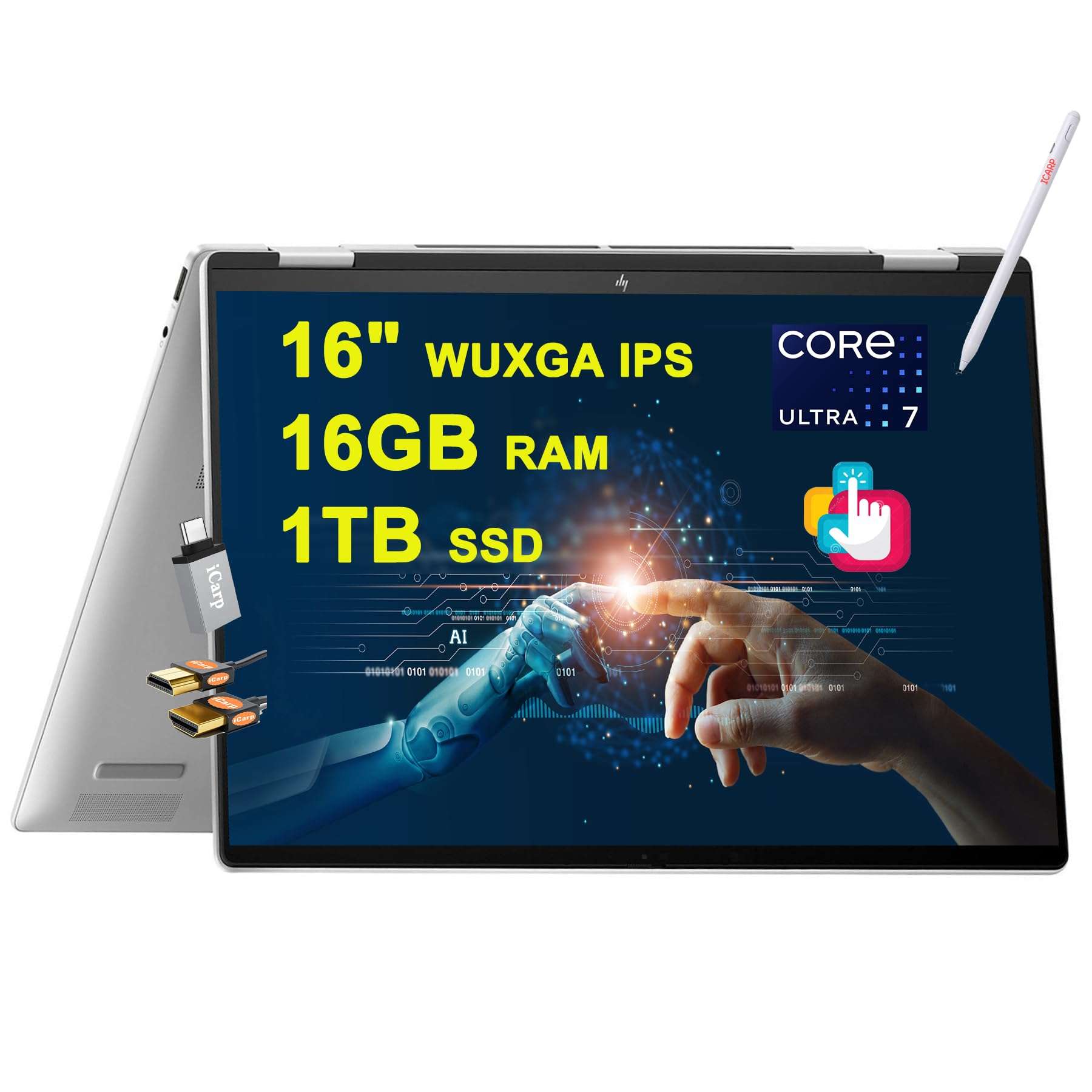 HP Envy x360 2-in-1 AI PC Laptop 16" WUXGA IPS Touchscreen Intel 12-core Ultra 7 155U (Beats i7-1335U) 16GB RAM 1TB SSD Backlit Thunderbolt USB-C Poly Studio Privacy Camera Win11 w/ICP Accessory 1