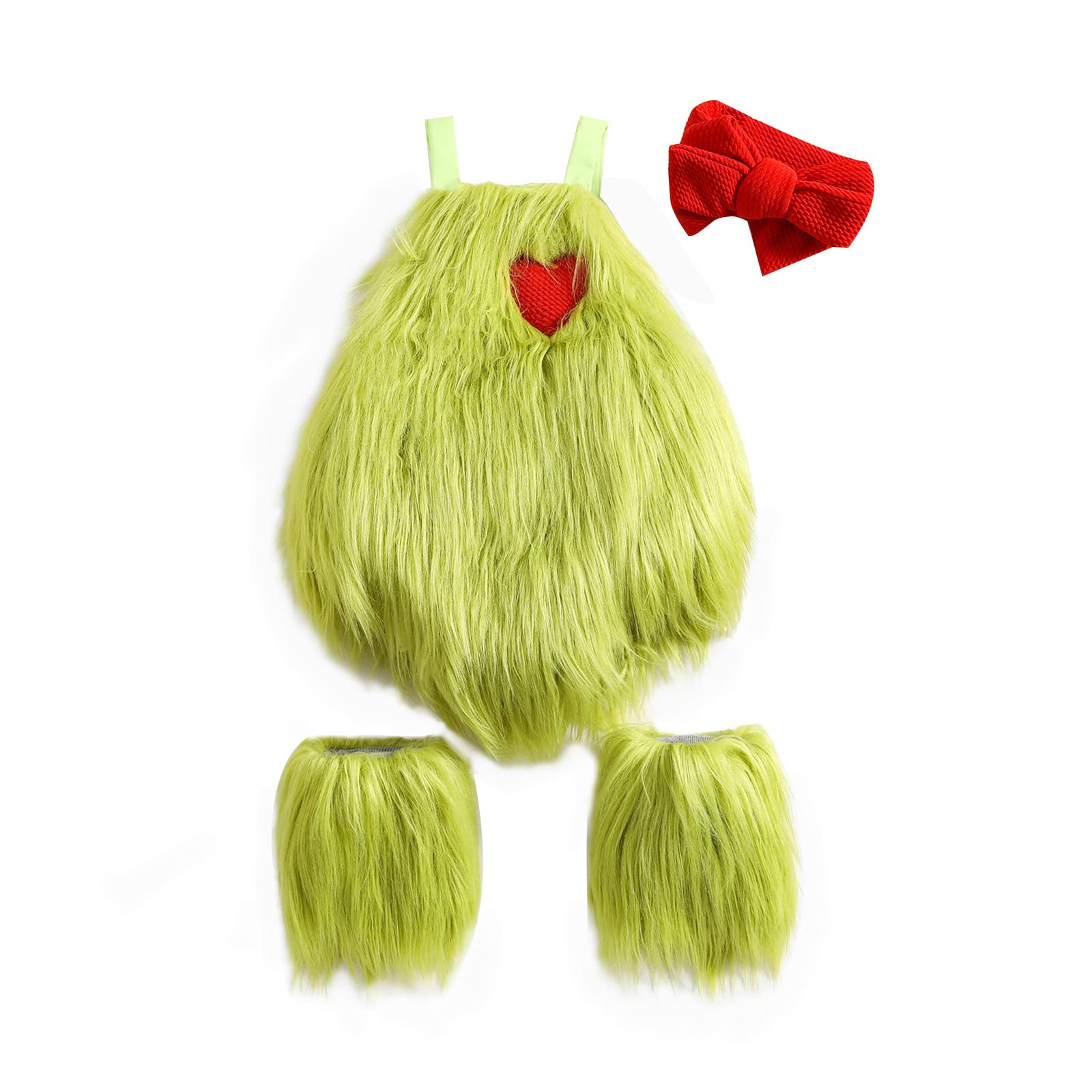 RWYBEIW Christmas Baby Girl Outfit Infant Furry Sleeveless Romper Headband Leg Warmer Green Monster Xmas Cosplay Costume (Green, 6-12 Months)
