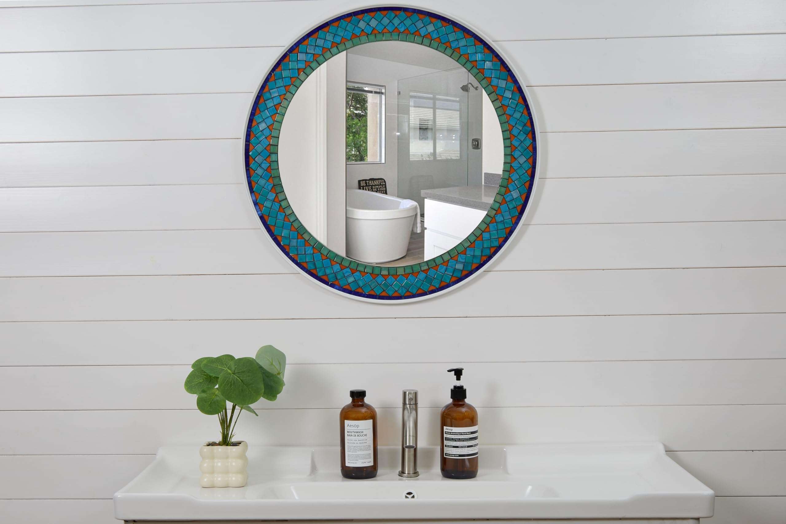 Guten Machten 24'' Mosaic Mirror Round Wall Decor Handmade Turquiose Green Bathroom Living Room MIR008 3
