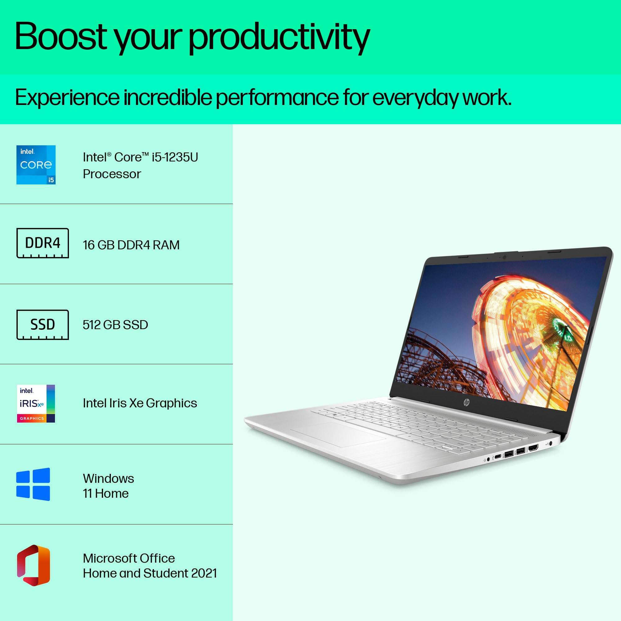 HP Laptop 14s, 12th Gen Intel Core i5-1235U, 14-inch (35.6 cm), FHD, 16GB DDR4, 512GB SSD, Intel Iris Xᵉ graphics, Backlit KB, Thin & light, Dual speakers (Win 11, MSO 2021, Silver, 1.46 kg), dy5005TU 2