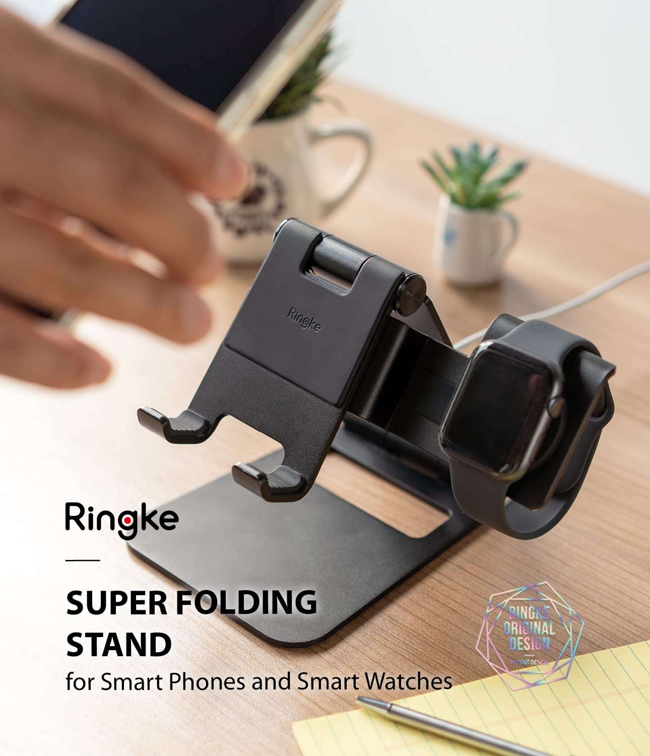 Ringke Super Folding Stand, 2 in 1 Portable Smartphone & Smartwatch Stand Compatible with Apple Watch SE / 4/5 / 6 2